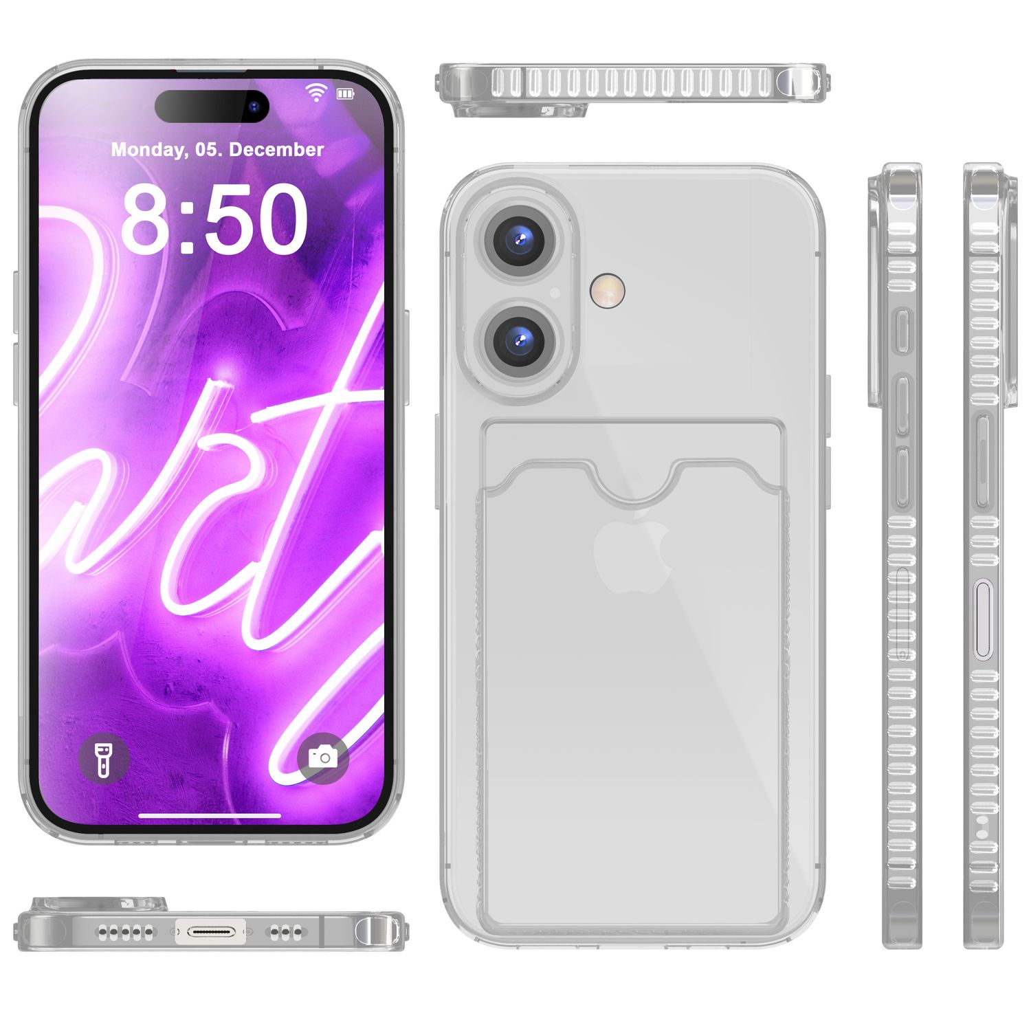 Transparente Handyhülle mit Telefon. Seitenansichten zeigen Knöpfe und Anschlüsse.