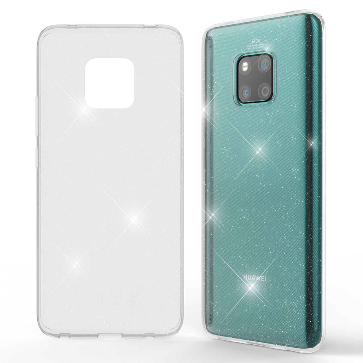 Handyhülle. Weiße Rückseite, klare Seiten. Glitzereffekt. Leica- und Huawei-Etiketten sind sichtbar.
