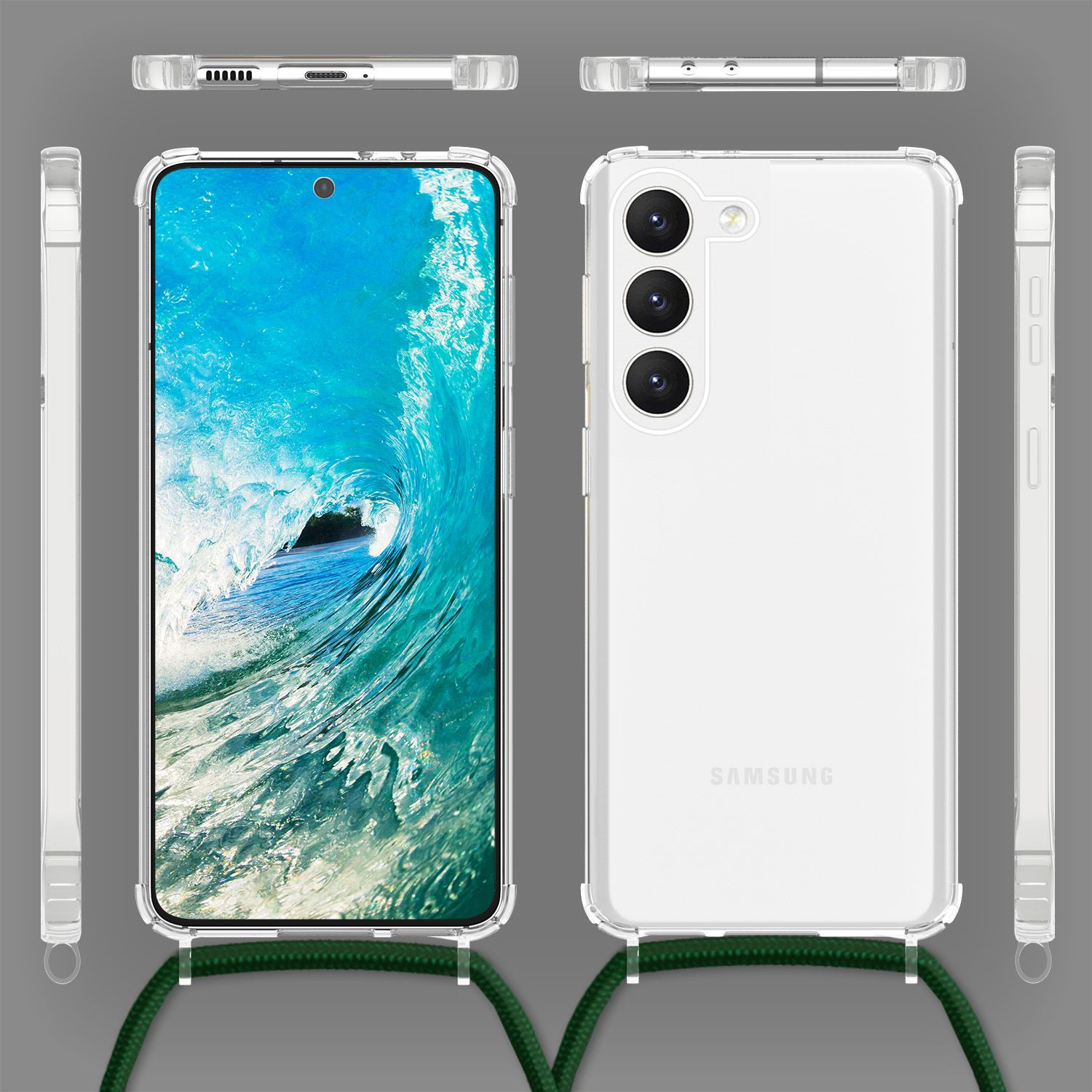 Samsung-Handy in klarer Hülle mit grünem Kordel. Mehrere Ansichten des Telefons und der Hülle.