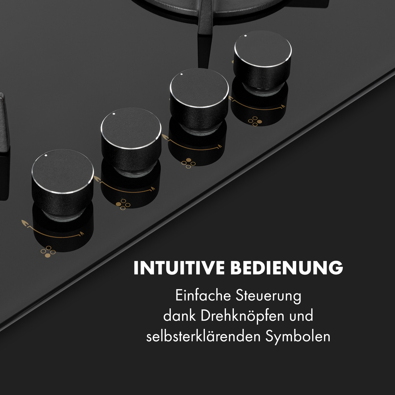 Schwarzer Herd mit Knöpfen. Text: Intuitive Steuerung mit Knöpfen und selbsterklärenden Symbolen.