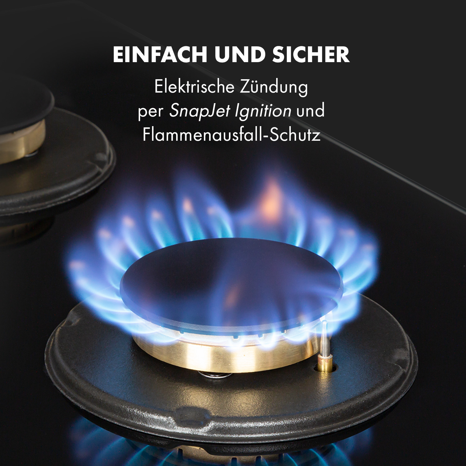 Nahaufnahme eines Gasherd-Brenners mit blauen Flammen. Text beschreibt 'SnapJet Ignition' und Flammversagensschutz.