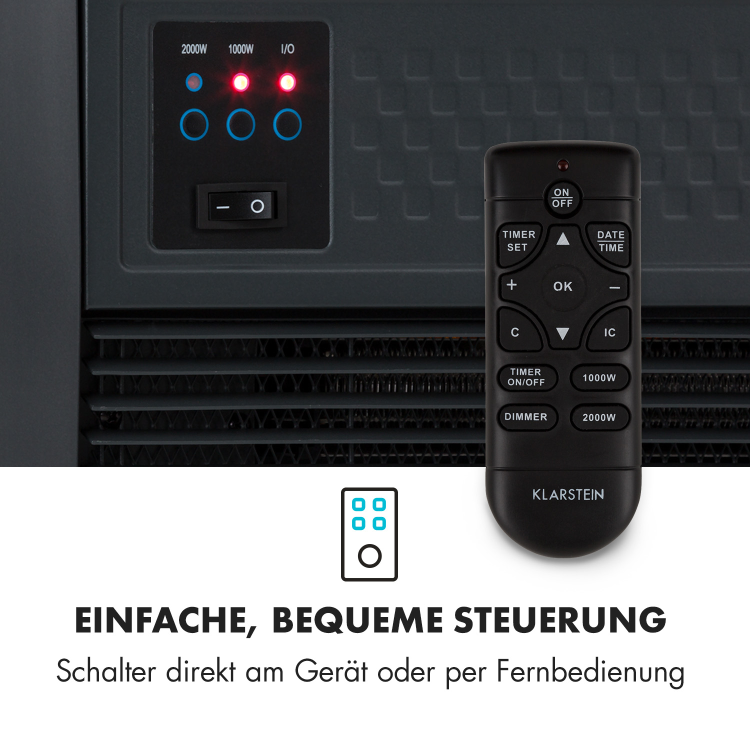 Schwarze Fernbedienung und Heizungsbedienfeld. Text: Einfache, bequeme Steuerung.