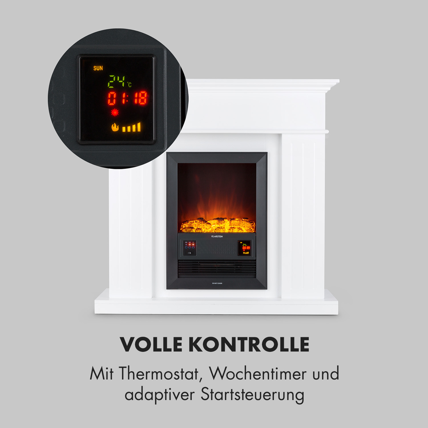 Elektrokamin mit Digitalanzeige, schwarzer Front und weißem Mantel. Text zeigt volle Kontrolle an.