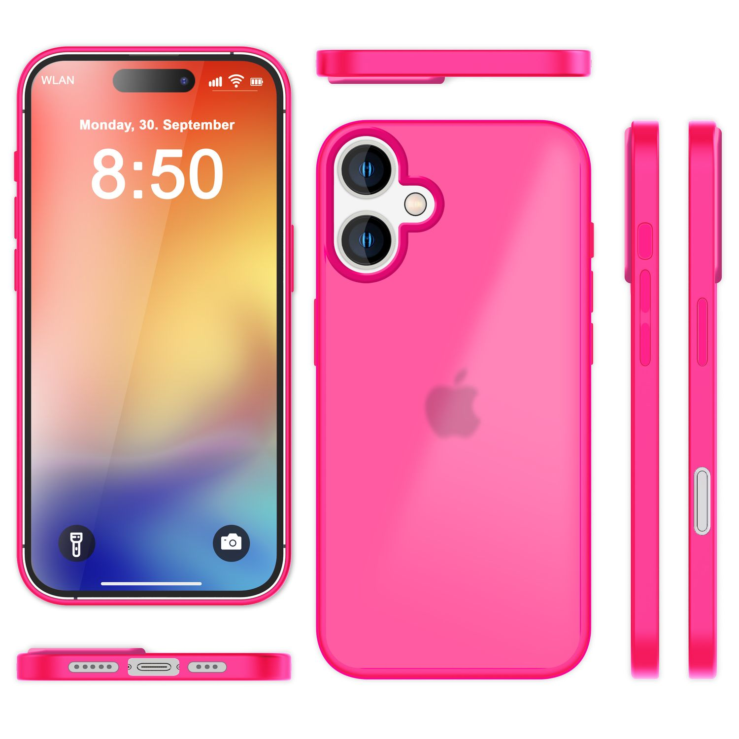Pinkes Telefon in einer pinken Hülle mit Apple-Logo auf dem Bildschirm. Mehrere Ansichten.