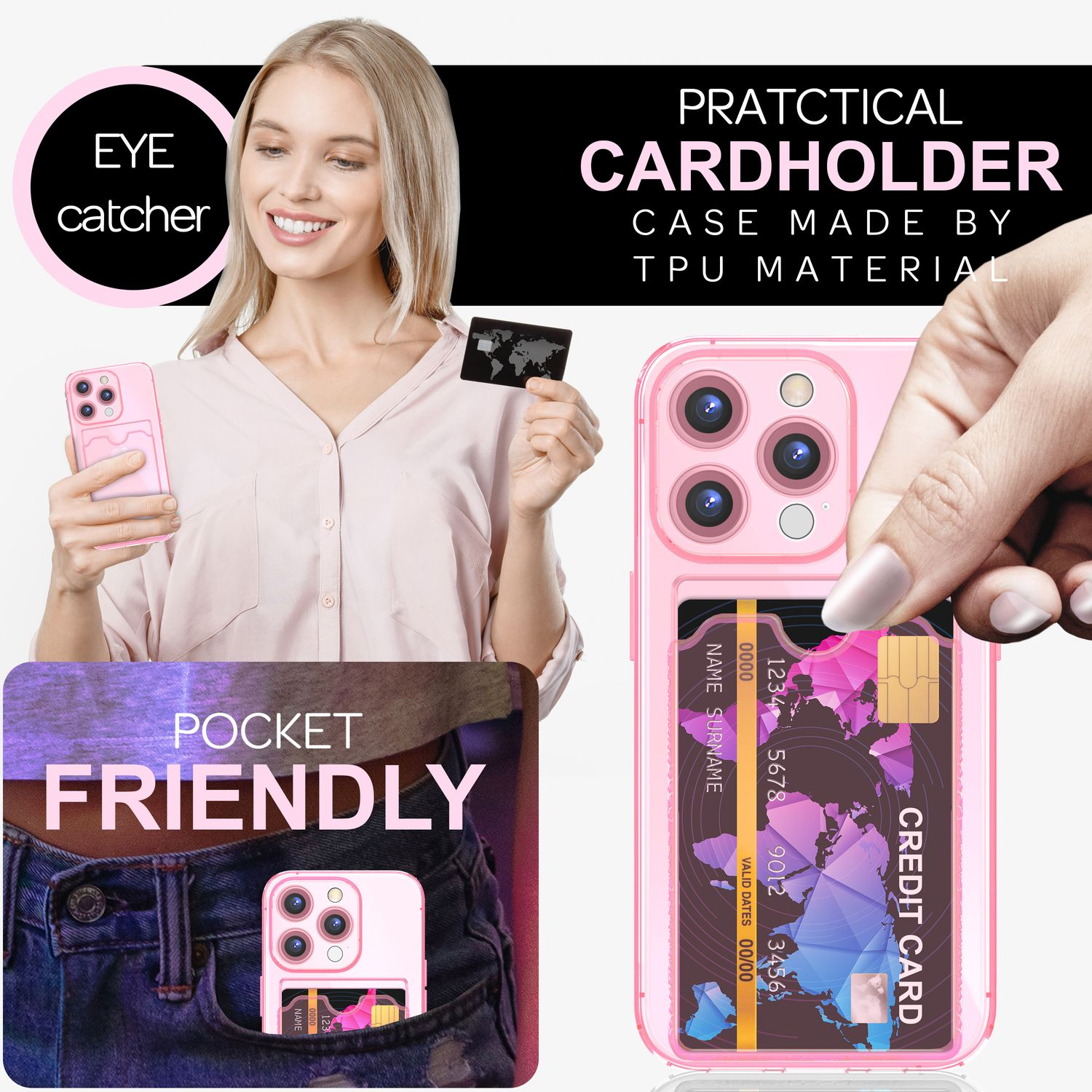 Rosa Handyhülle mit Kreditkarte und der Hand einer Frau, die das Telefon hält.