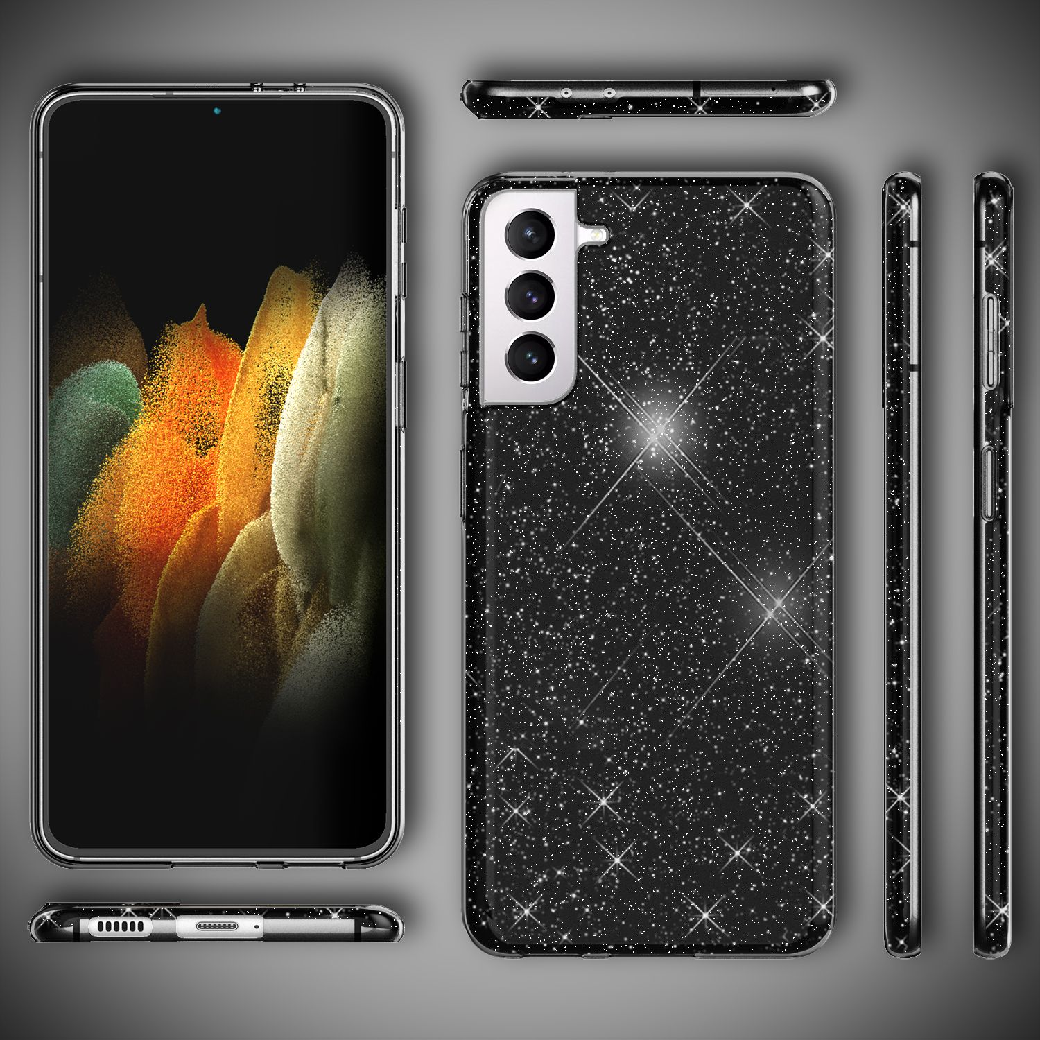 Smartphone-Hülle mit Glitzer. Telefon links mit buntem Display, Hülle rechts. Mehrere Ansichten.