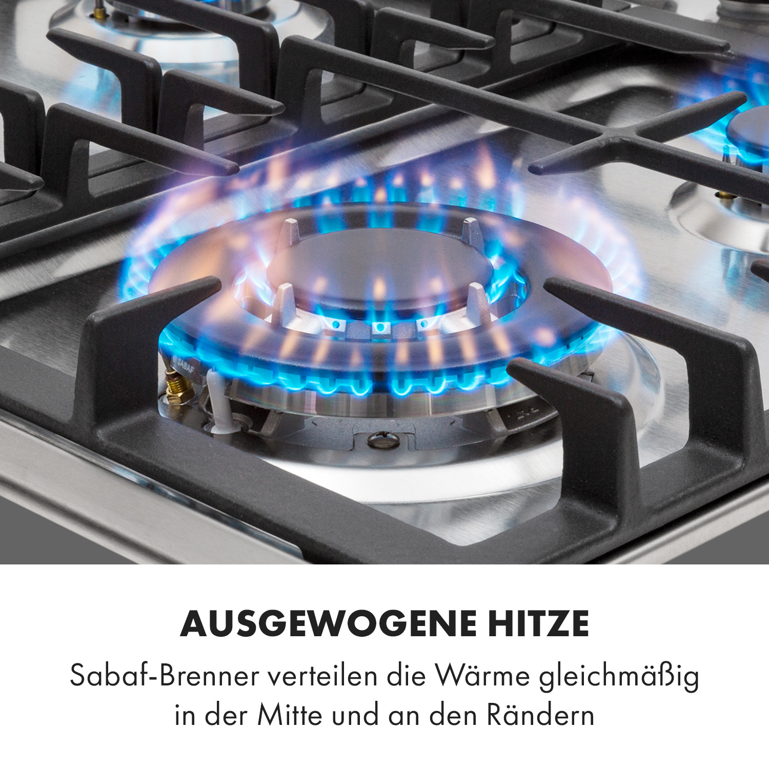 Gasherd Brenner mit blauer Flamme. Schwarzer Rost mit Text 'AUSGEWOGENE HITZE'.