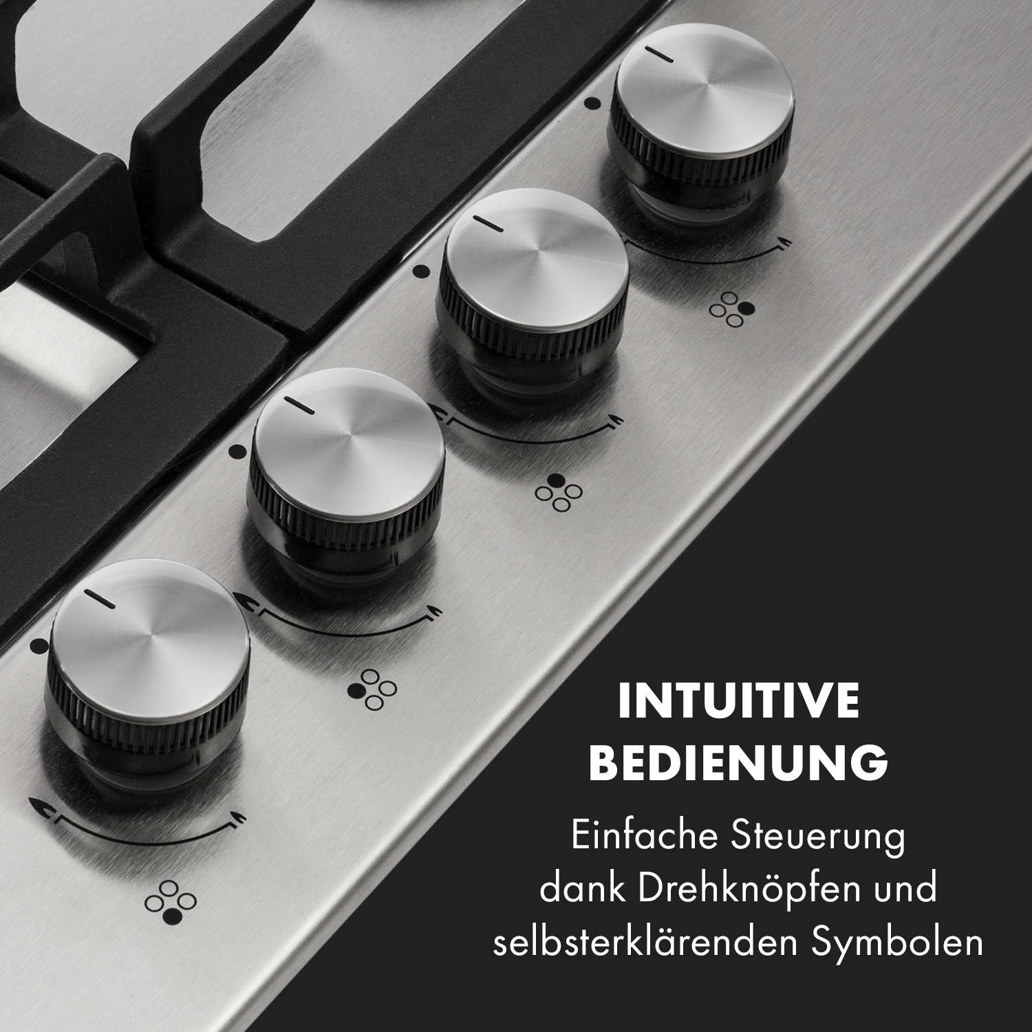 Gasherd-Knöpfe. Silberne Farbe. Text: 'INTUITIVE BEDIENUNG'.