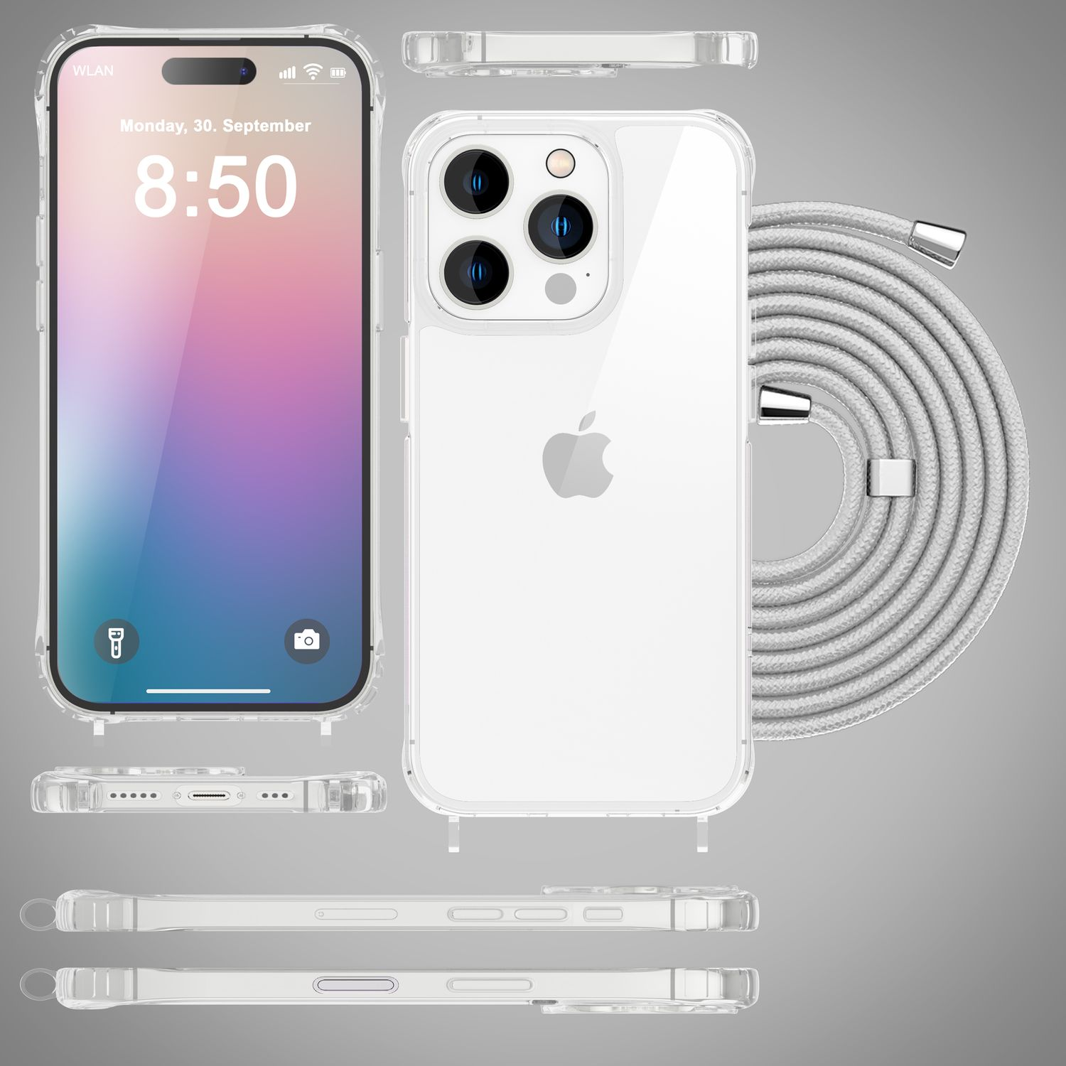 Telefono bianco con custodia trasparente e cordino grigio. Viste multiple. Logo Apple sul telefono.