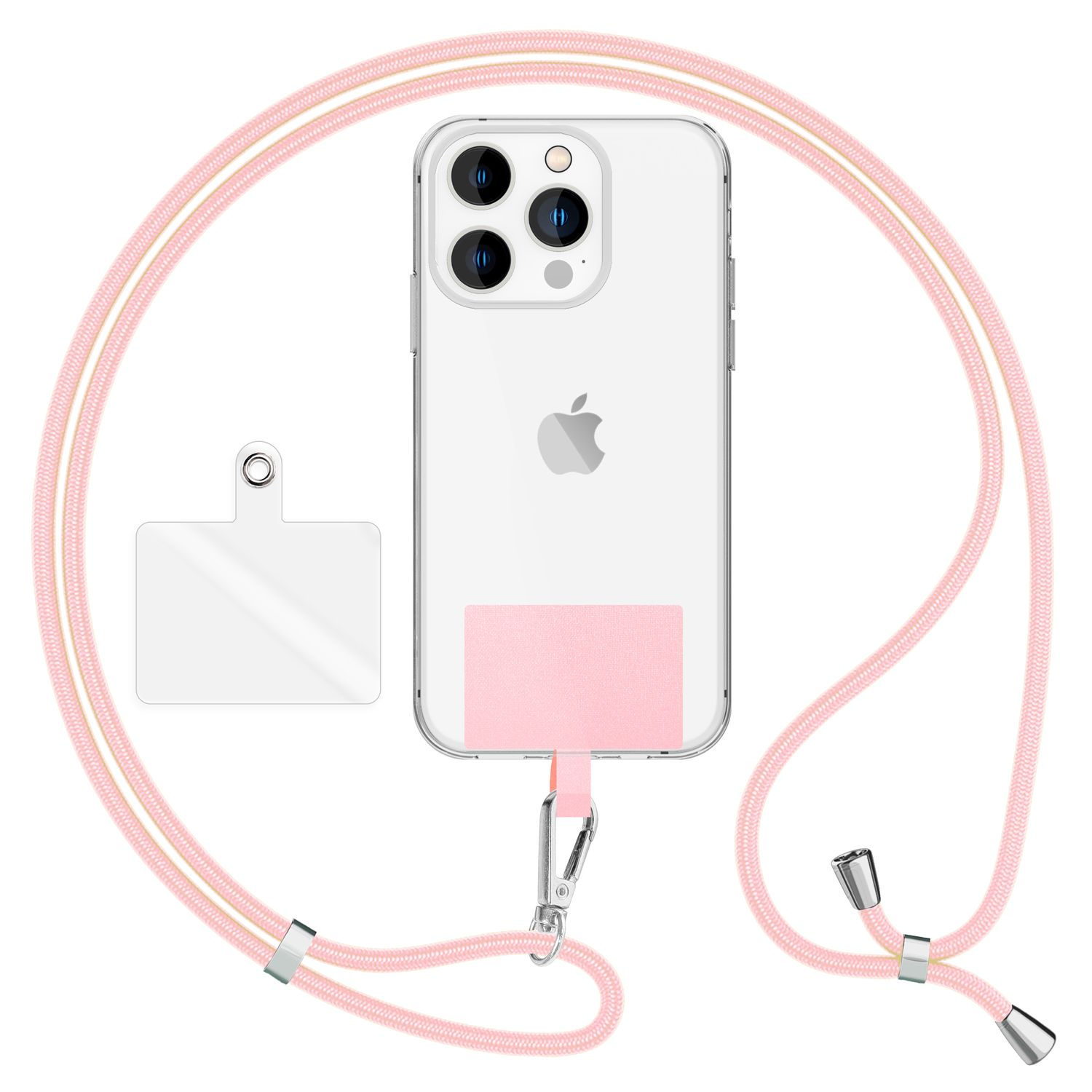 Funda transparente para teléfono con cordón rosa. Teléfono visible, con cámara y logo de Apple.