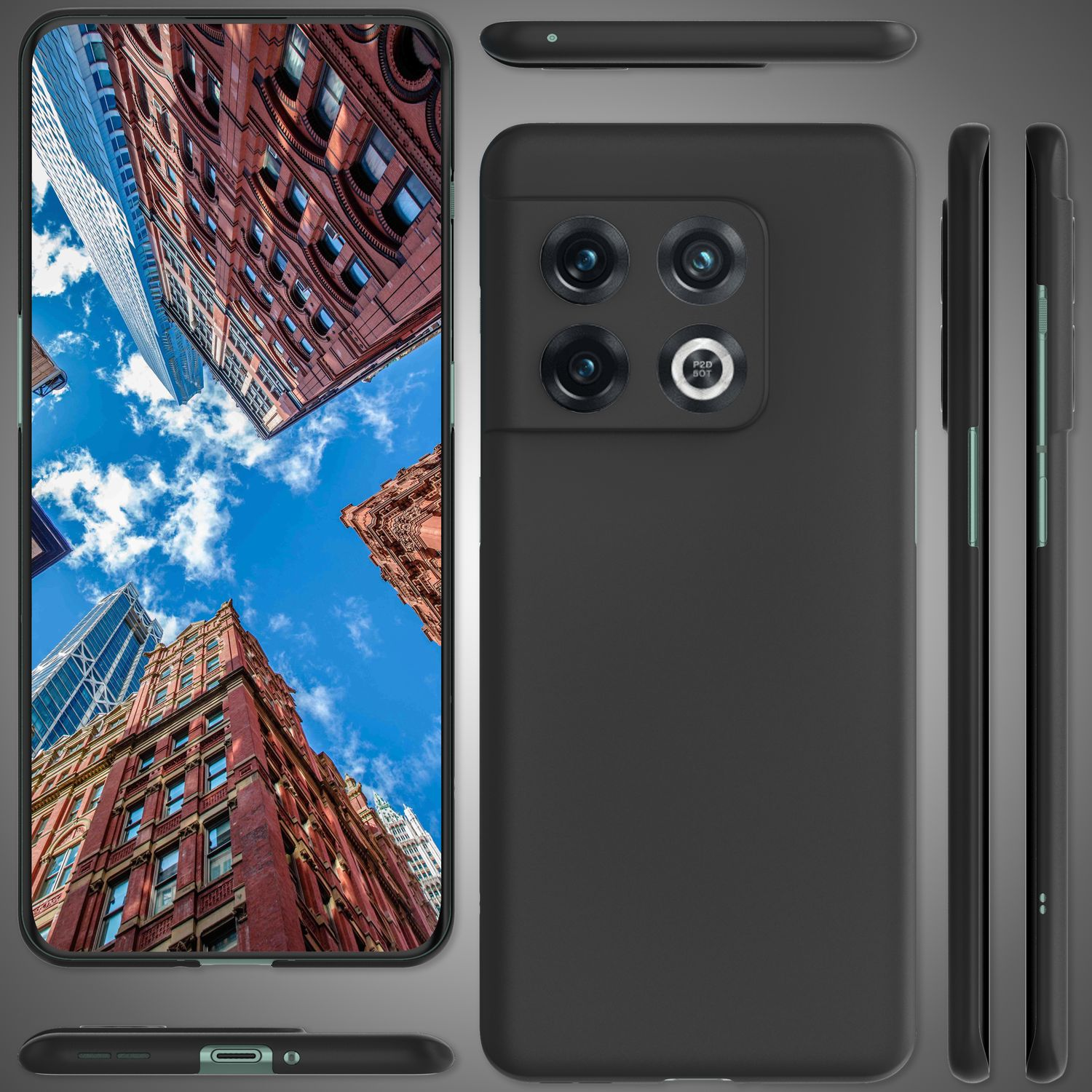 Custodia nera per telefono con quattro fotocamere. Edifici e cielo blu sullo schermo. Diverse angolazioni.