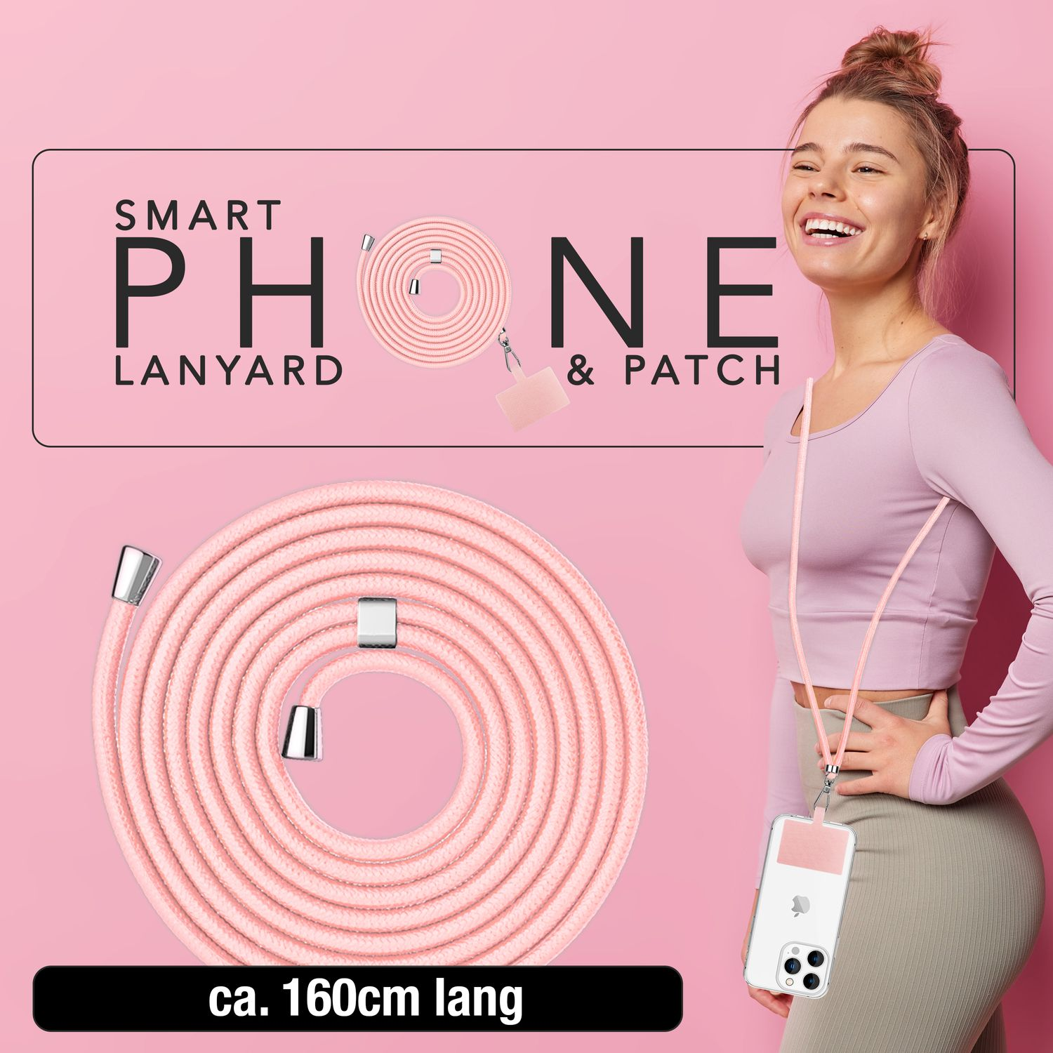 Cordón telefónico rosa con mujer. Texto: Smart Phone Lanyard & Patch. Longitud 160 cm.
