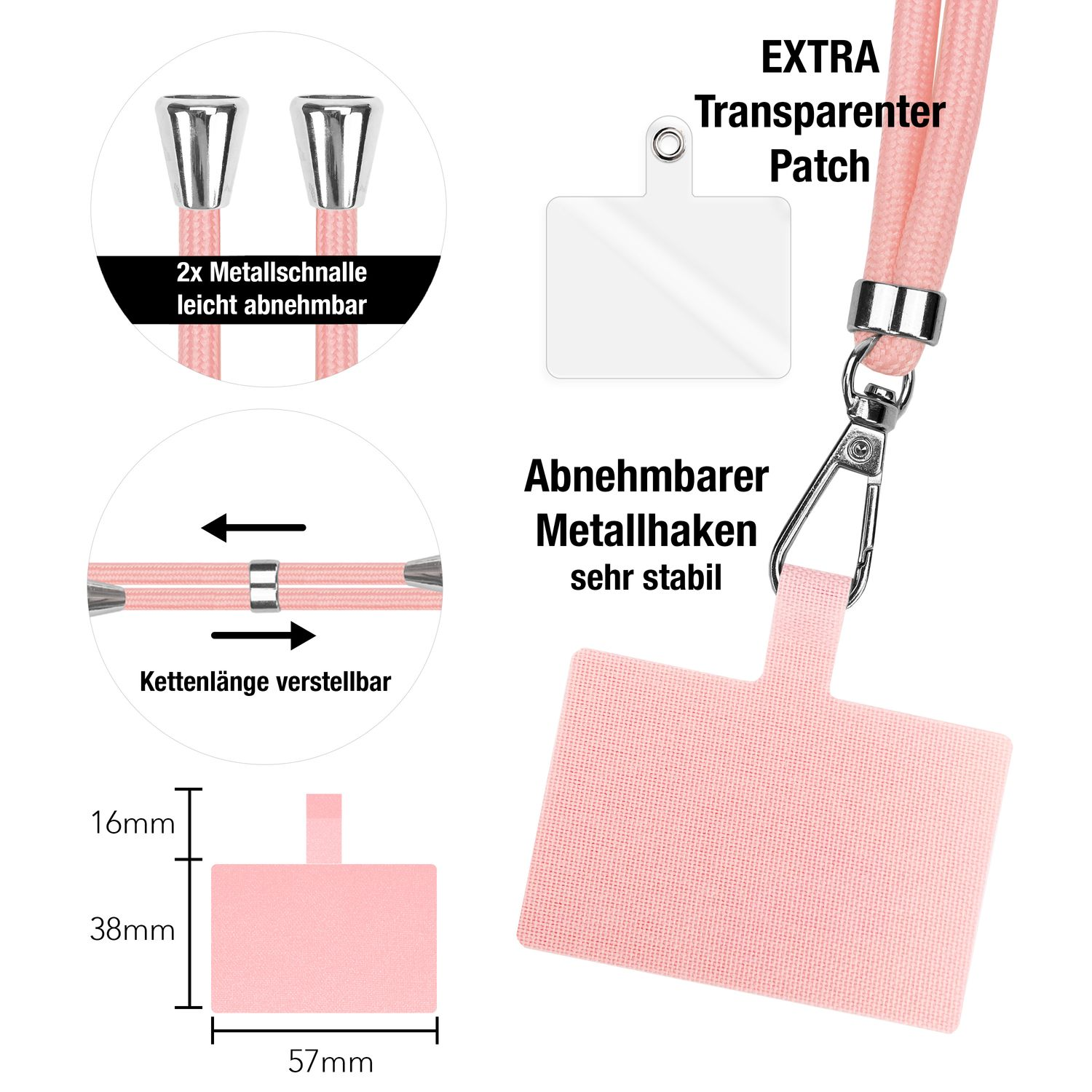 Componentes de cordón para teléfono rosa. Incluye cordón, parche transparente y accesorios metálicos. Blanco.