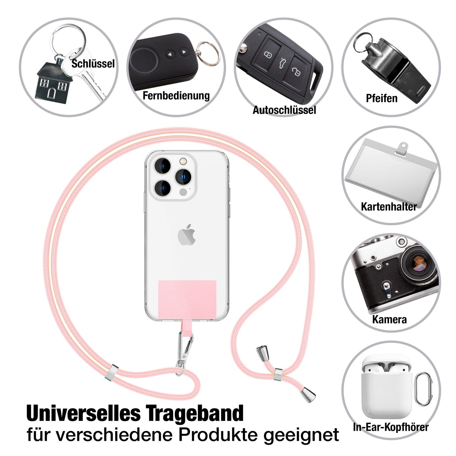 Teléfono con cordón rosa y accesorios. Llaves, mando a distancia, llave de coche, silbato, tarjetero, cámara.