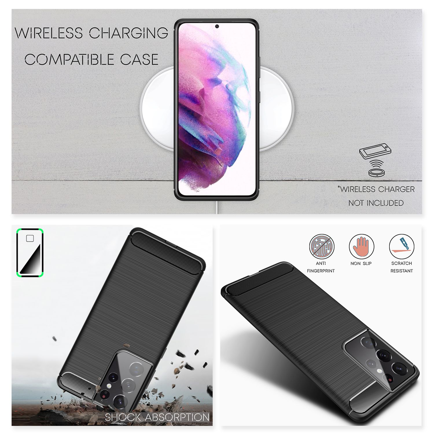 Schwarzes Telefon auf kabellosem Ladegerät. Text: Kabelloses Laden kompatible Hülle. Icons für Anti-Fingerabdruck.
