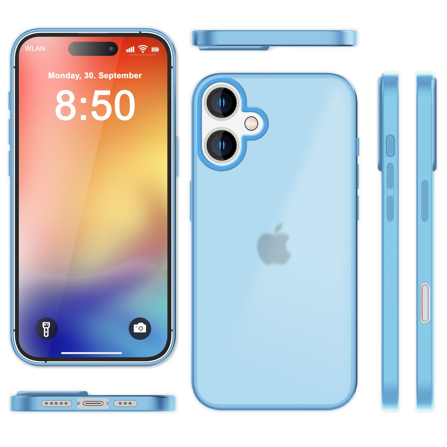 Hellblaue Handyhülle. Telefonbildschirm zeigt Uhrzeit und Datum. Mehrere Ansichten. Apple-Logo auf der Rückseite.