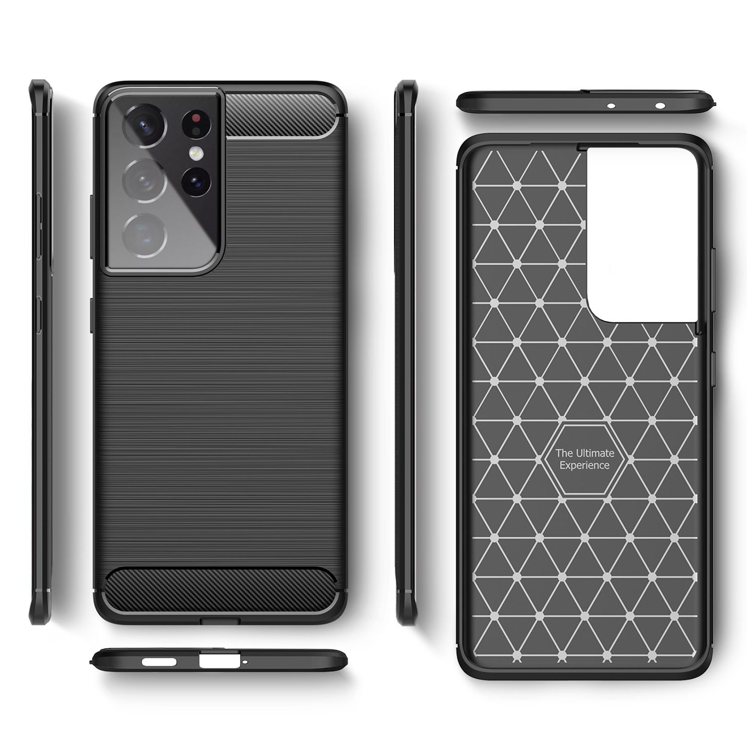 Schwarze Handyhülle, mehrere Ansichten, strukturierte Oberfläche mit geometrischem Design.