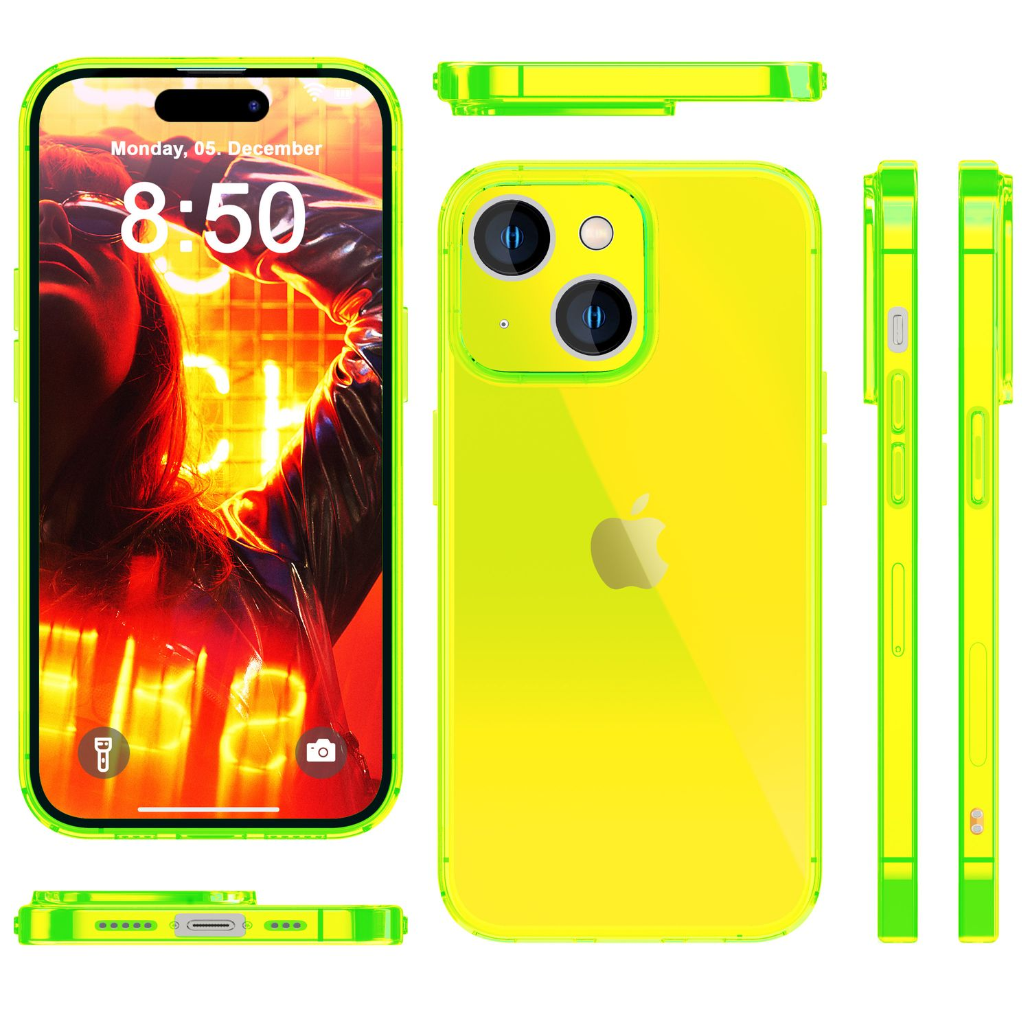Funda de teléfono amarilla con pantalla de teléfono mostrando fecha y hora, con diferentes vistas y ángulos.