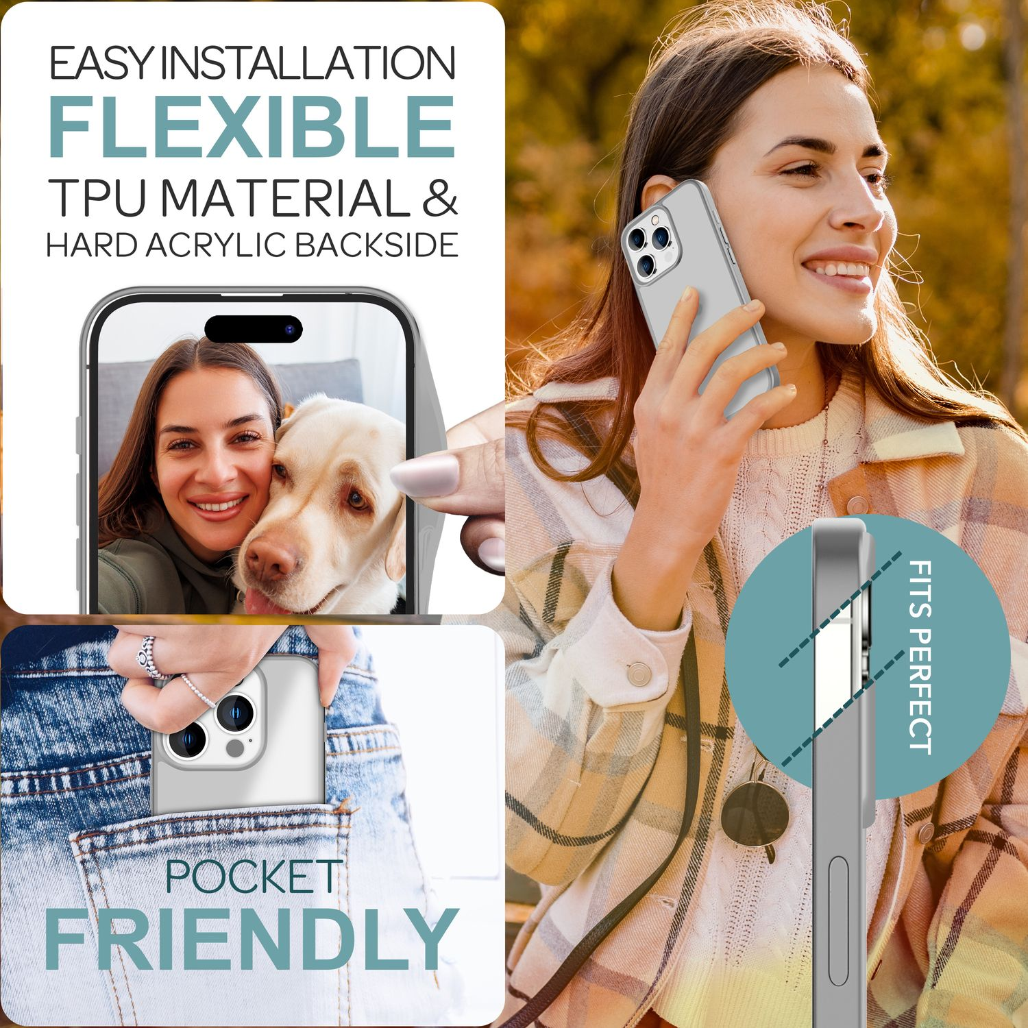 Mujer usando teléfono, fotos de funda, texto: Fácil instalación. Flexible. Apto para bolsillo.