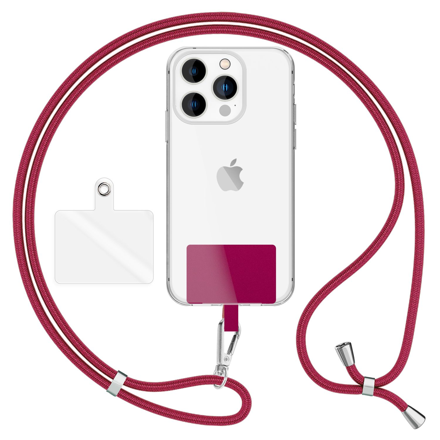 Un teléfono con un cordón adjunto, con parte trasera transparente y un cordón burdeos.