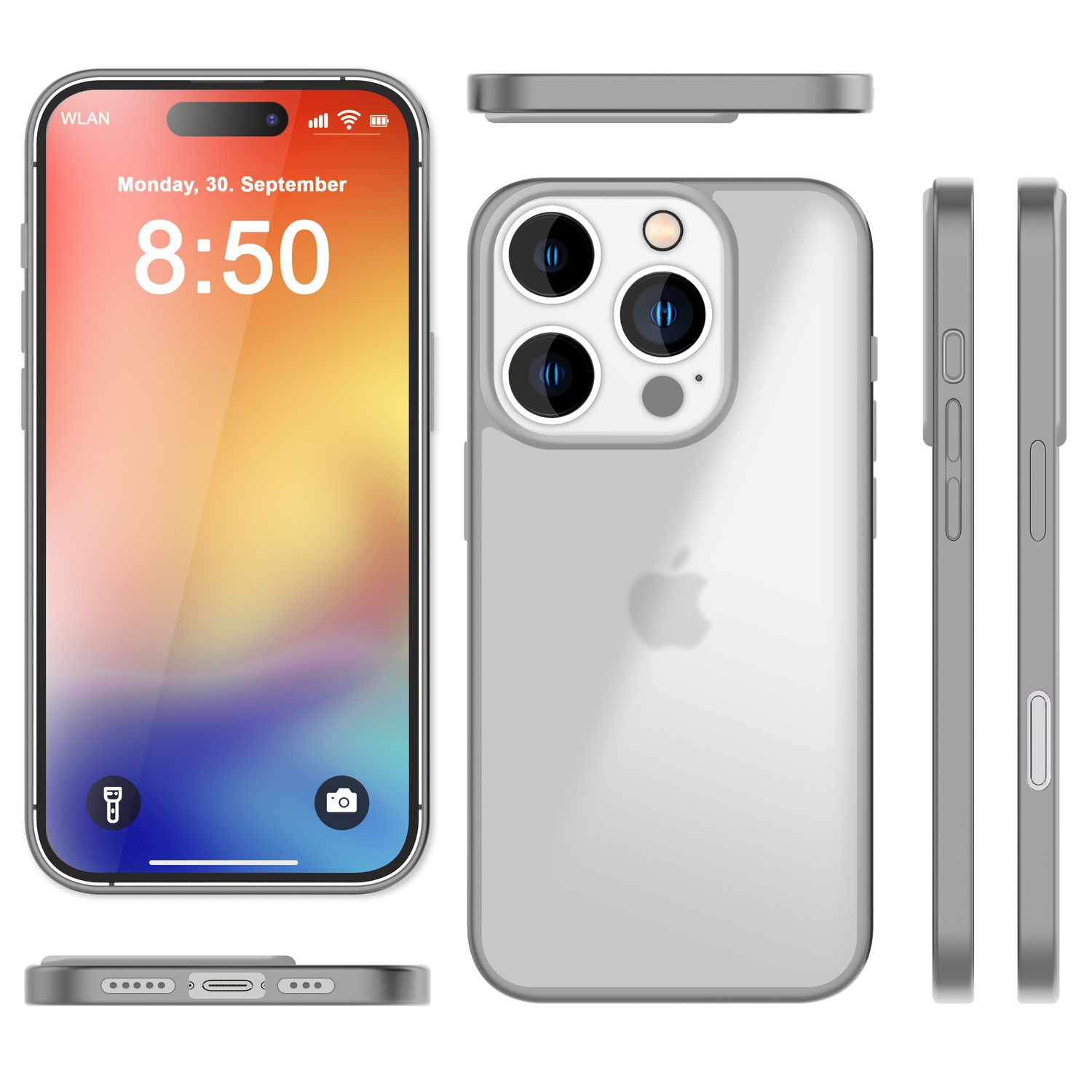 Teléfono con funda, mostrando la pantalla y múltiples vistas.