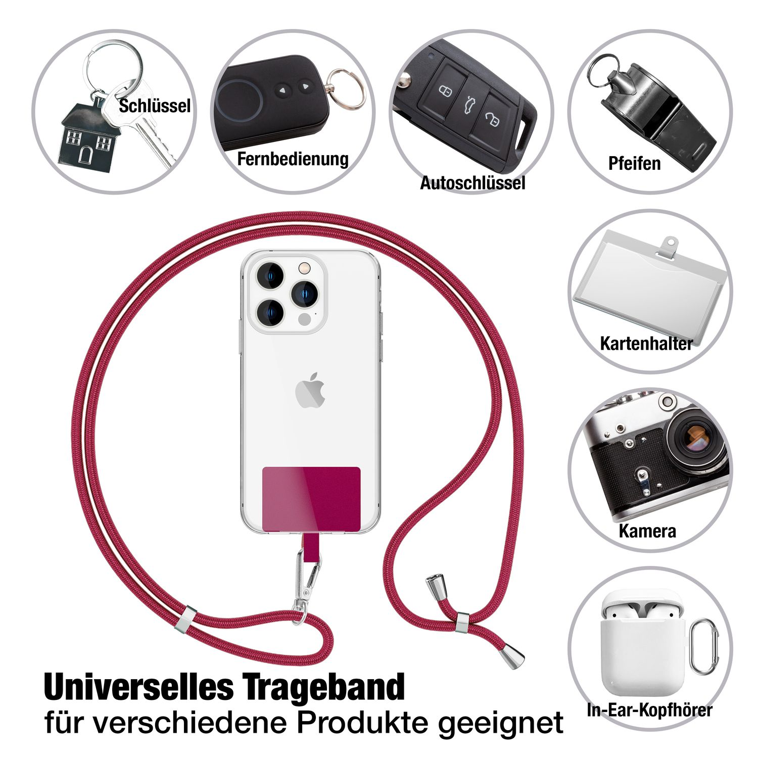 Teléfono con cordón y varios objetos como llaves y cámara.