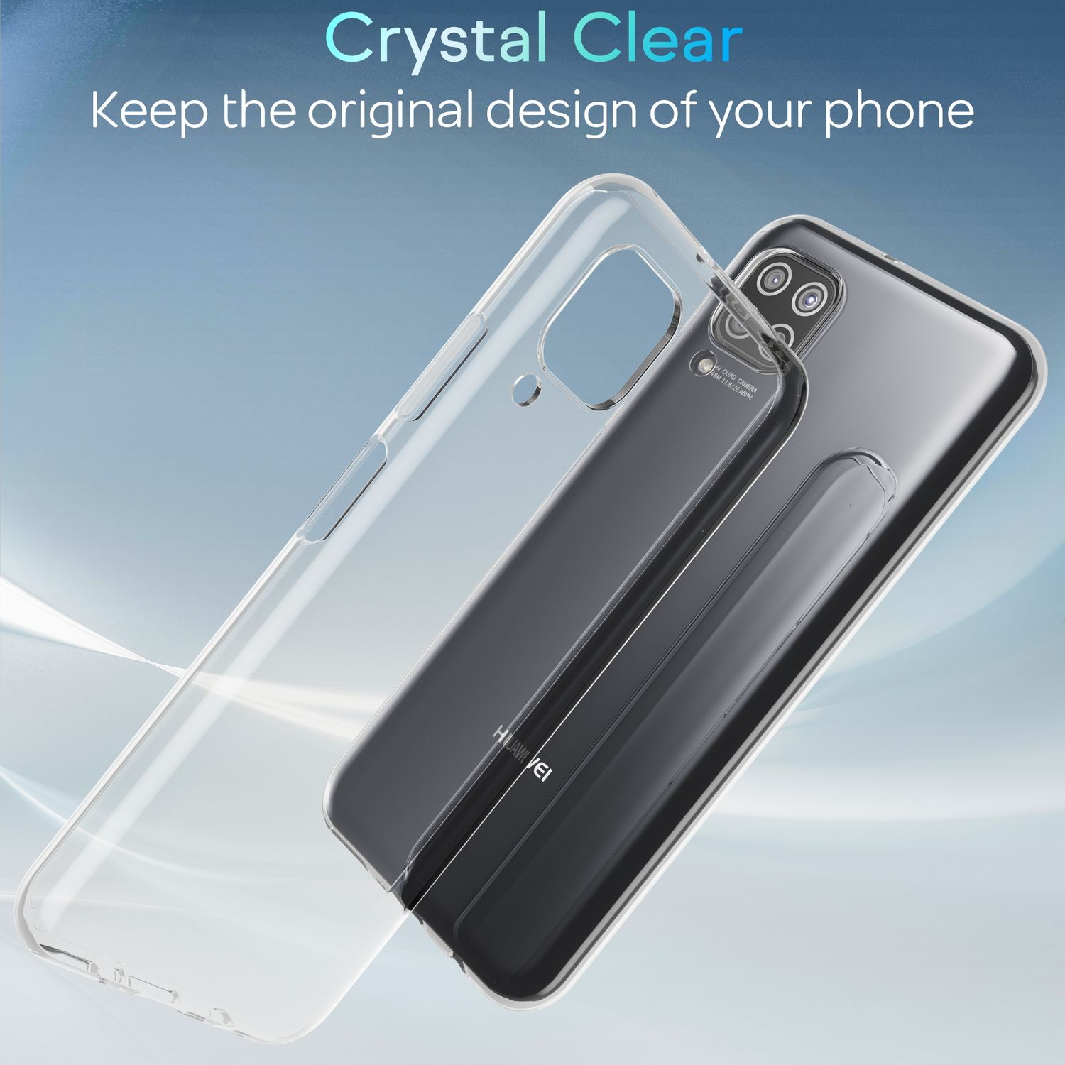 Eine transparente Handyhülle und ein schwarzes Telefon.