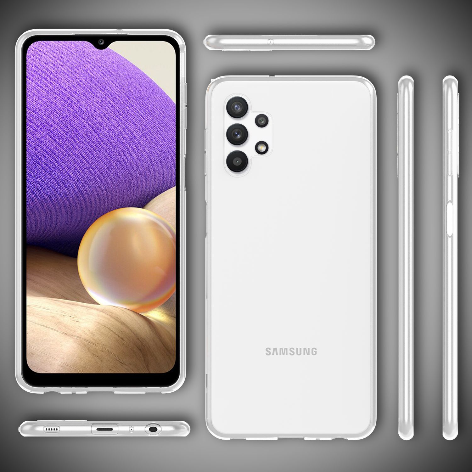 Weißes Samsung-Telefon. Telefon aus mehreren Blickwinkeln betrachtet. Transparente Hülle gezeigt.