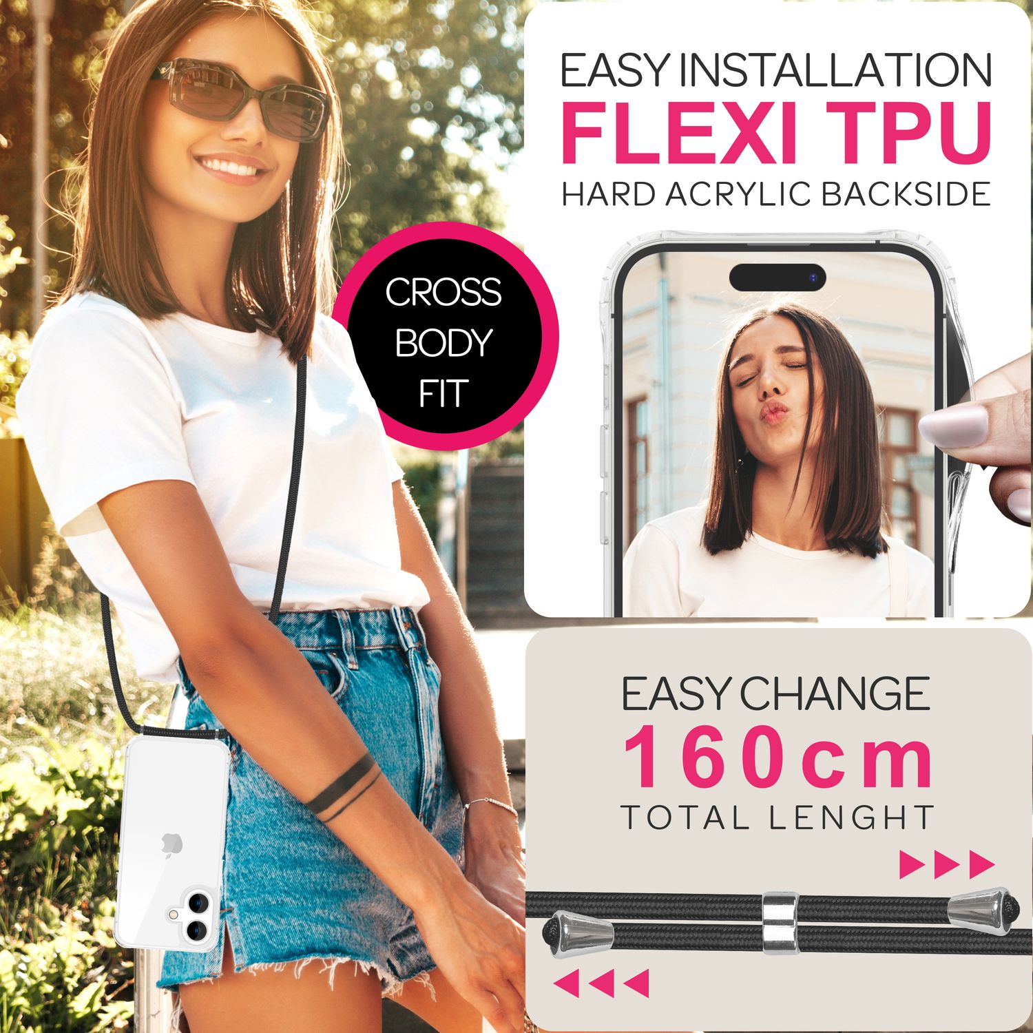 Una donna con un telefono, con una cinghia, che pubblicizza un telefono con vestibilità a tracolla.