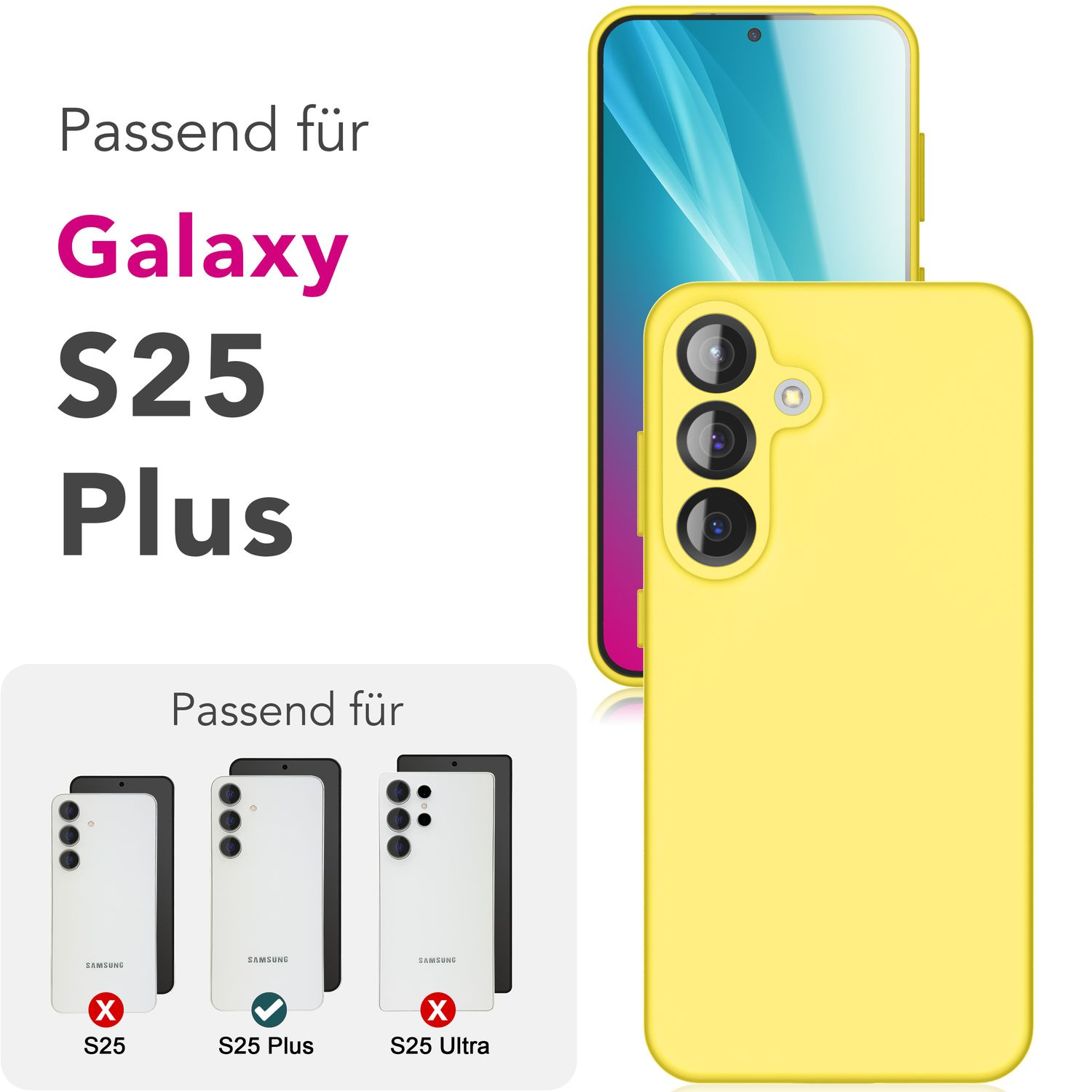 Gelbe Handyhülle mit Telefon und drei weiteren Telefonmodellen.