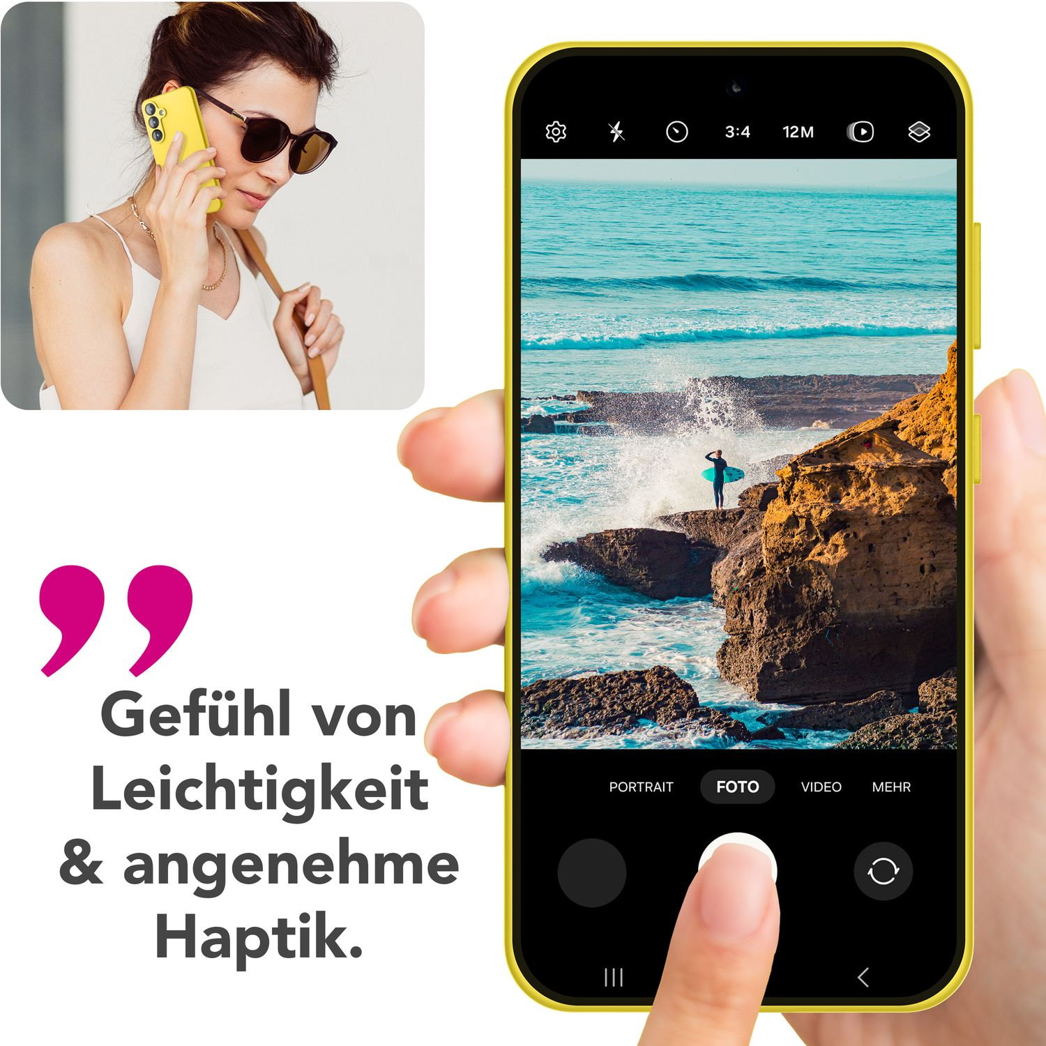 Frau, die mit einem gelben Telefon spricht, und ein Telefonbildschirm, der ein Foto anzeigt.