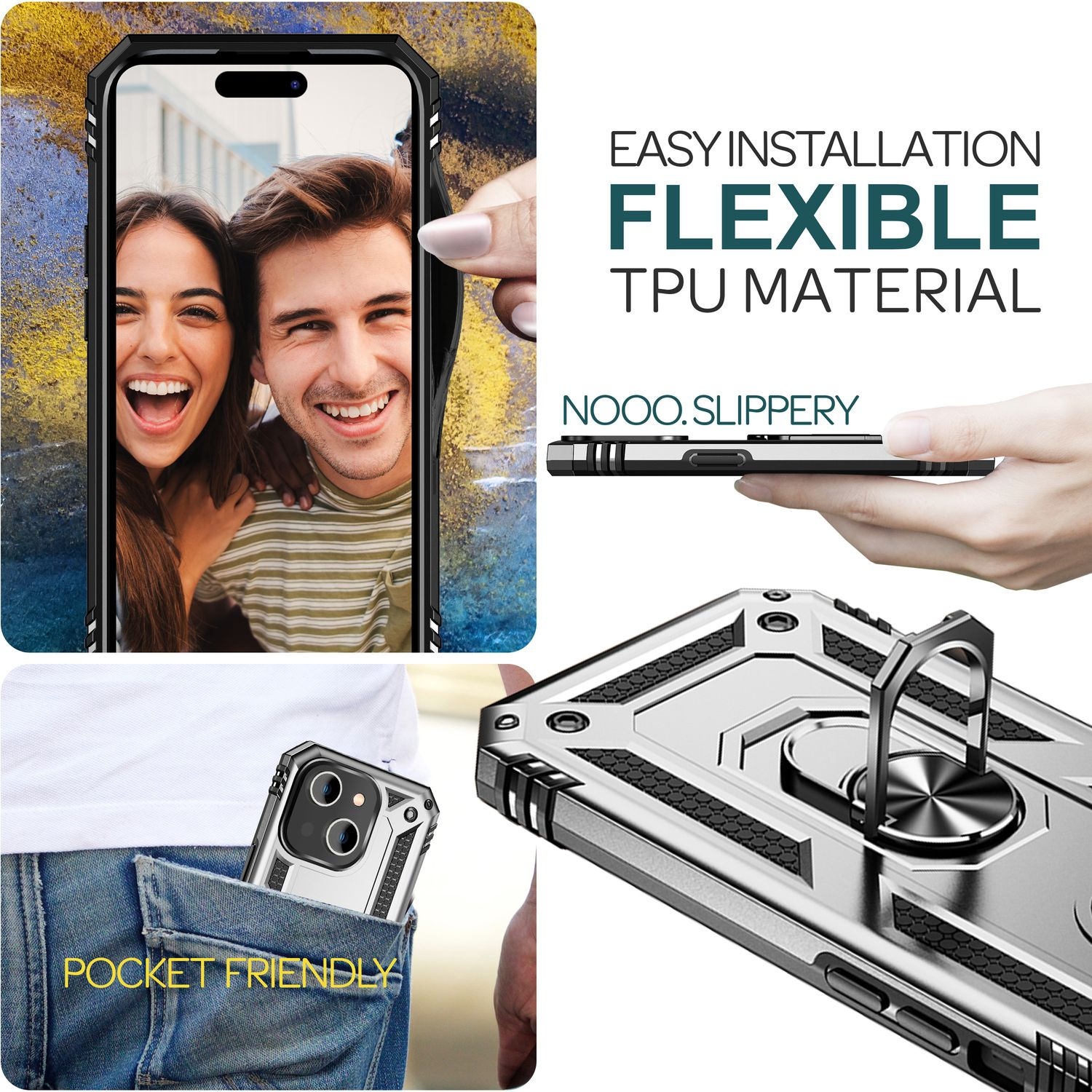 Una funda de teléfono con un teléfono dentro, y dos personas sonriendo.