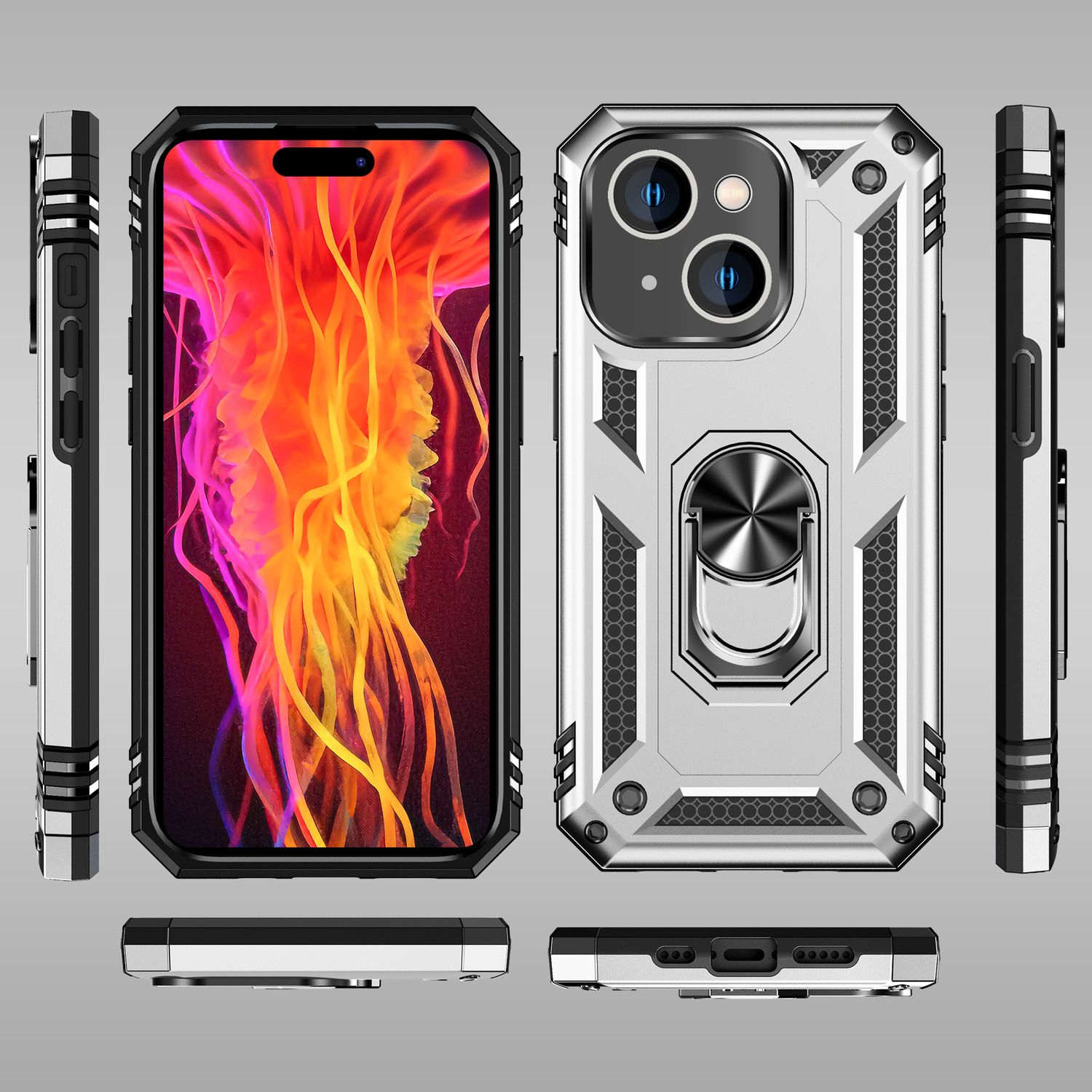 Funda de teléfono con un teléfono dentro, vista desde múltiples ángulos.
