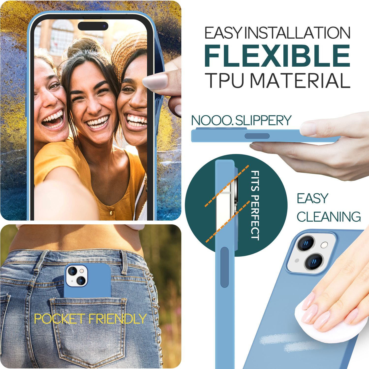 Drei lächelnde Frauen und eine blaue Handyhülle mit einem Telefon in der Tasche.