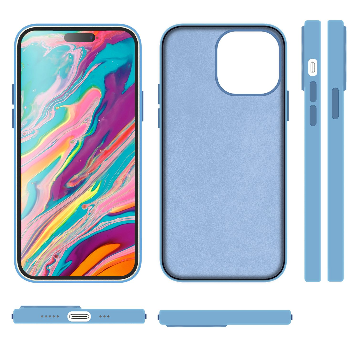 Hellblaue Handyhülle. Mehrere Ansichten: vorne mit Telefon, Seite, unten. Sauberes Design.