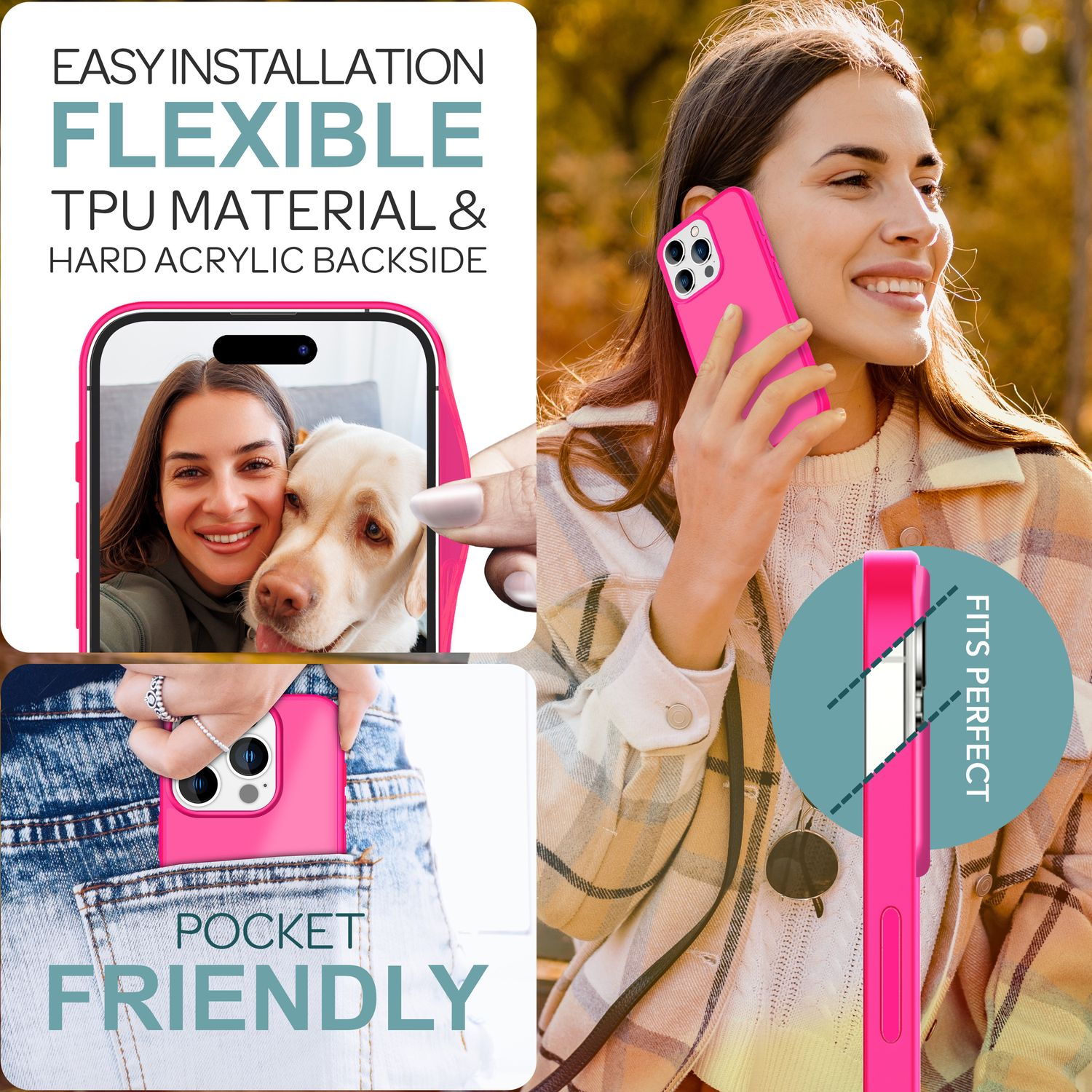 Mujer sosteniendo un teléfono rosa en una funda rosa, con una foto de perro.