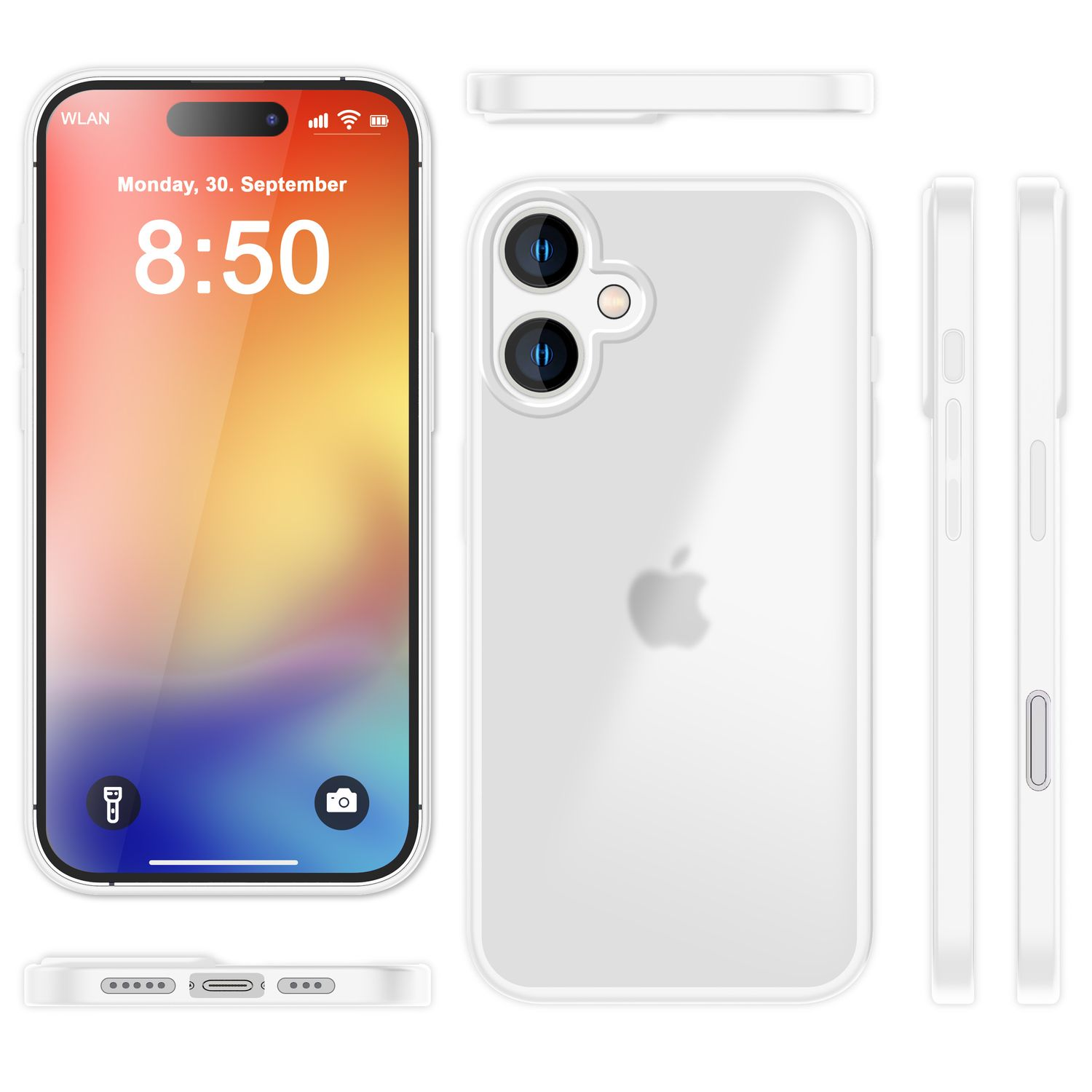 Custodia bianca per telefono attorno a un iPhone che mostra l'ora e la data.
