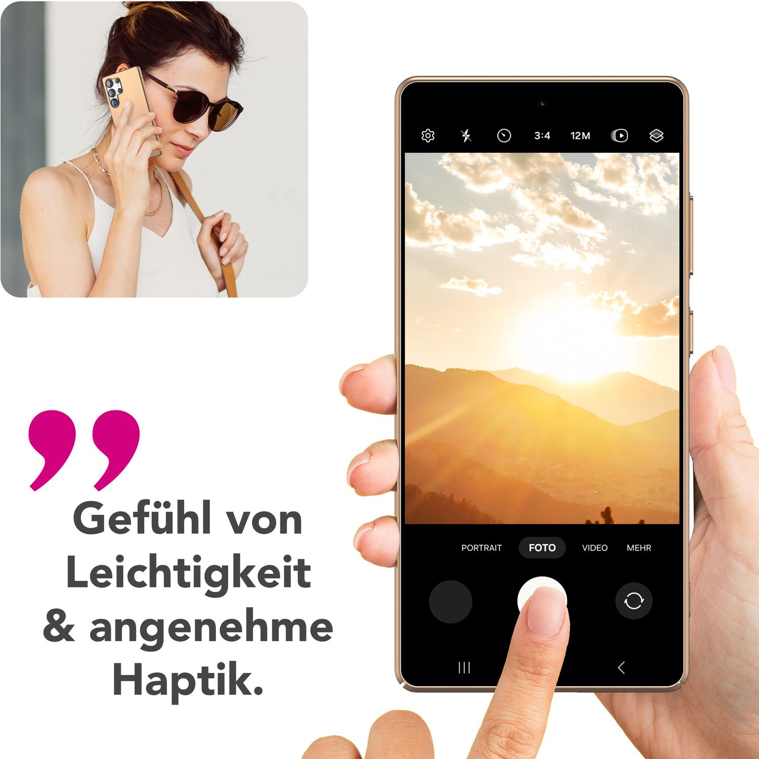 Frau benutzt Telefon; Telefon zeigt Sonnenuntergangsfoto. Text: Gefühl von Leichtigkeit & angenehme Haptik.