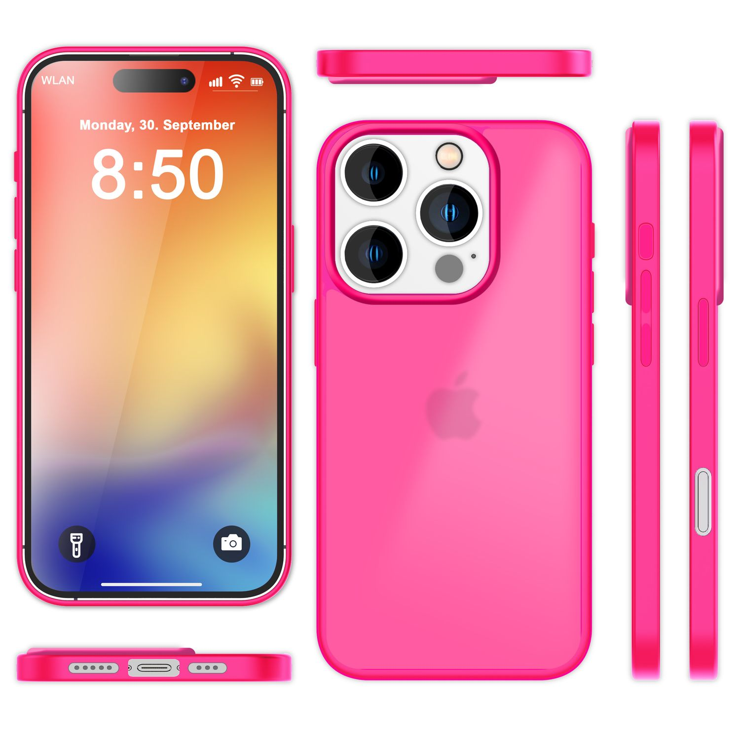 Funda rosa para teléfono alrededor de un iPhone, con múltiples vistas.