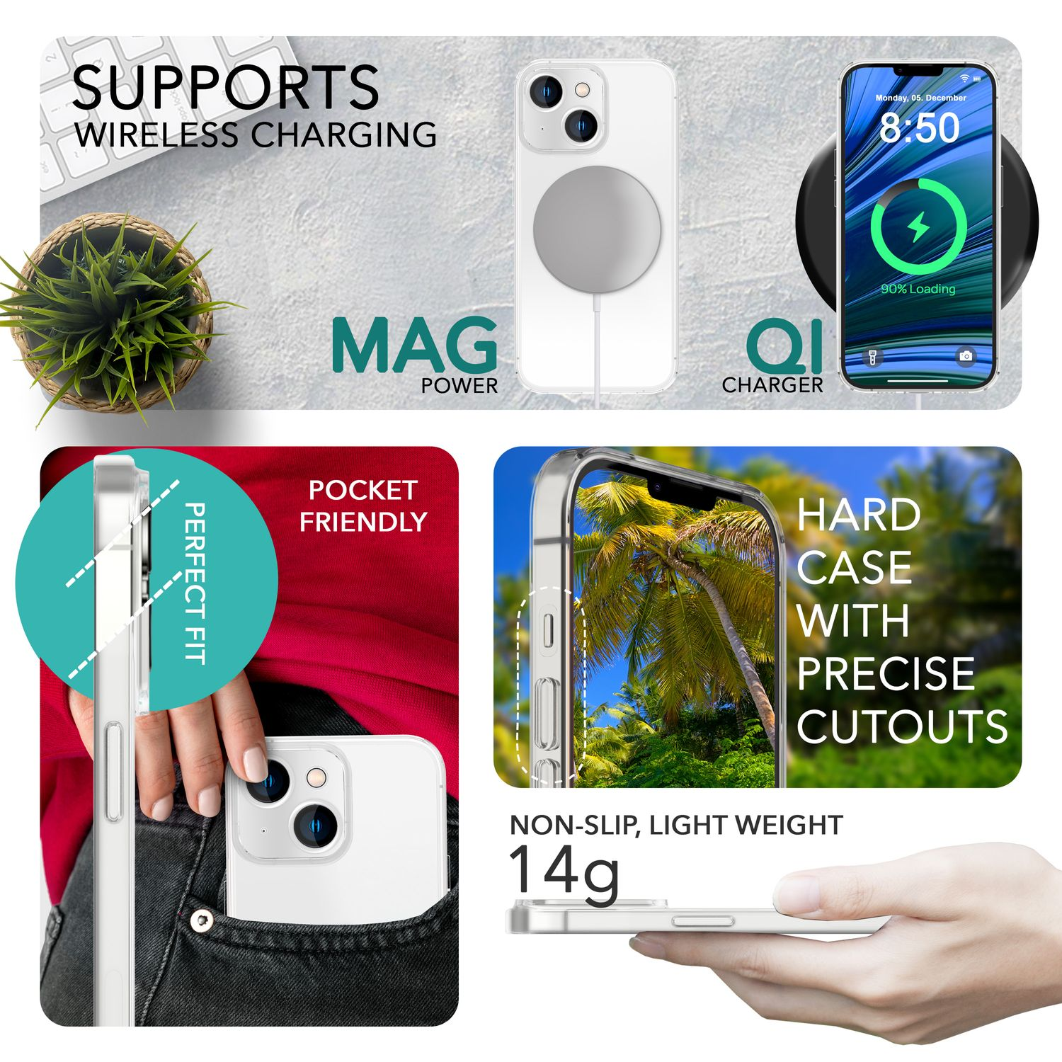 Weiße Handyhülle mit kabelloser Ladefunktion, Telefon in der Tasche. Text erwähnt MagPower und QI-Ladegerät.