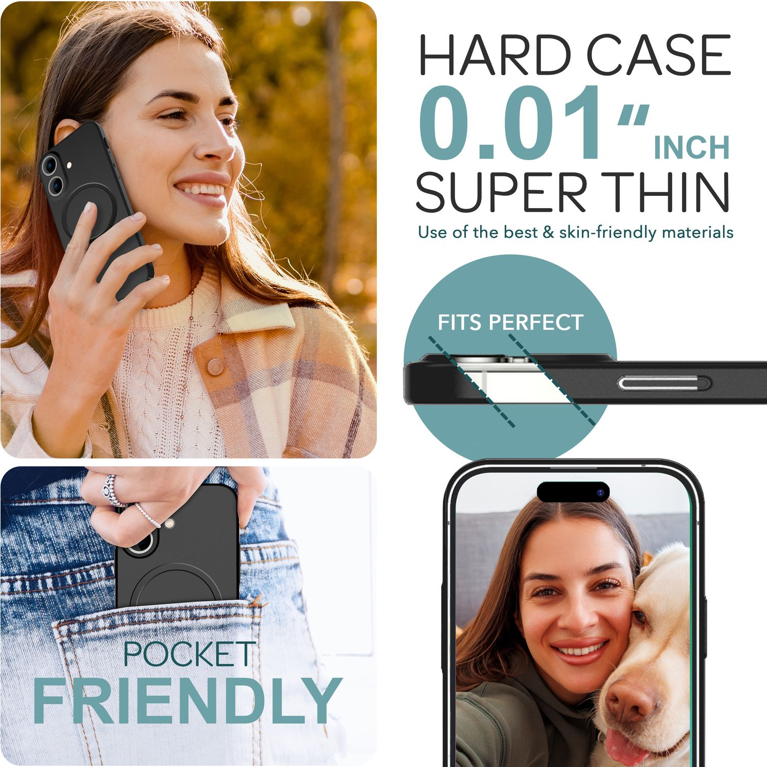 Frau hält Telefon in schwarzer Hülle. Text: Hartschale, superdünn, passt perfekt, taschenfreundlich.
