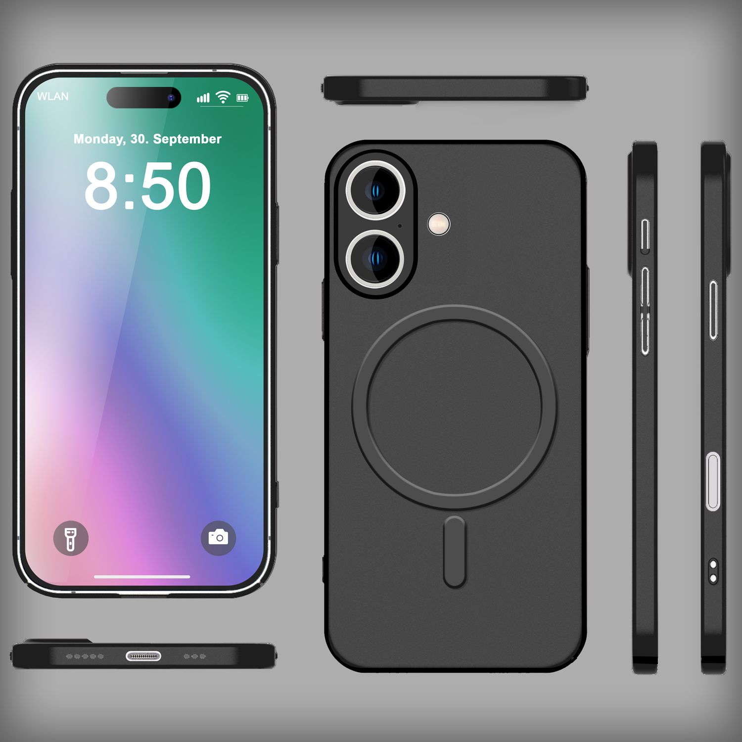 Schwarzes iPhone in Hülle, mehrere Winkel. Bildschirm zeigt Datum und Uhrzeit. Schwarzer Hintergrund.