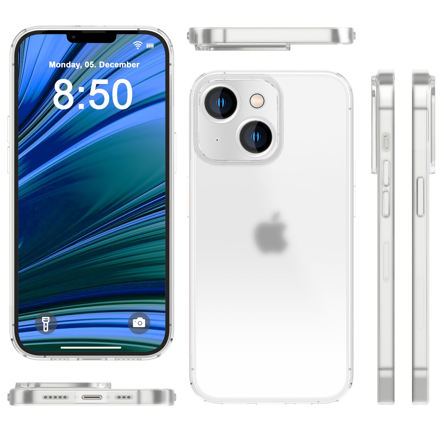 Weißes Telefon, mehrere Ansichten. Bildschirm zeigt Zeit und Datum an. Klares Design. Silberne Kanten.