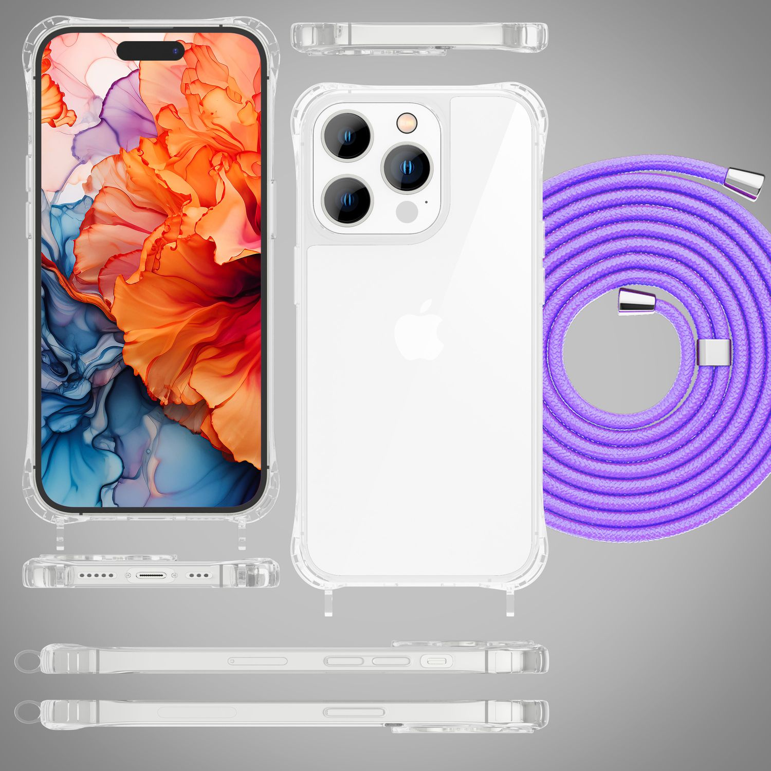 Weißes Telefon mit durchsichtiger Hülle und lila Riemen. Mehrere Ansichten. Klares Design. Text erwähnt präzise Ausschnitte.
