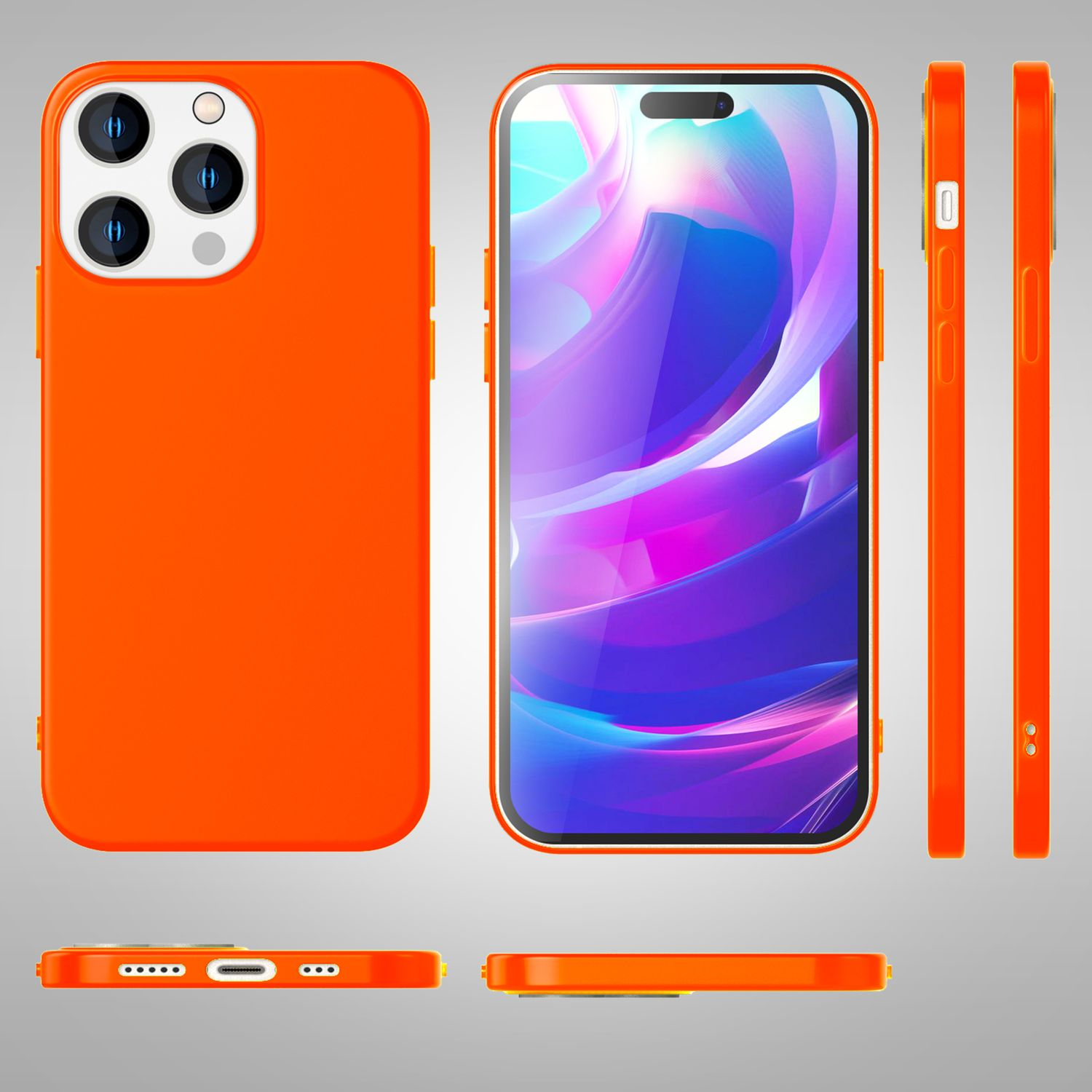 Orangene Handyhülle, mehrere Ansichten, mit farbenfrohem Bildschirm, der ein Design zeigt.