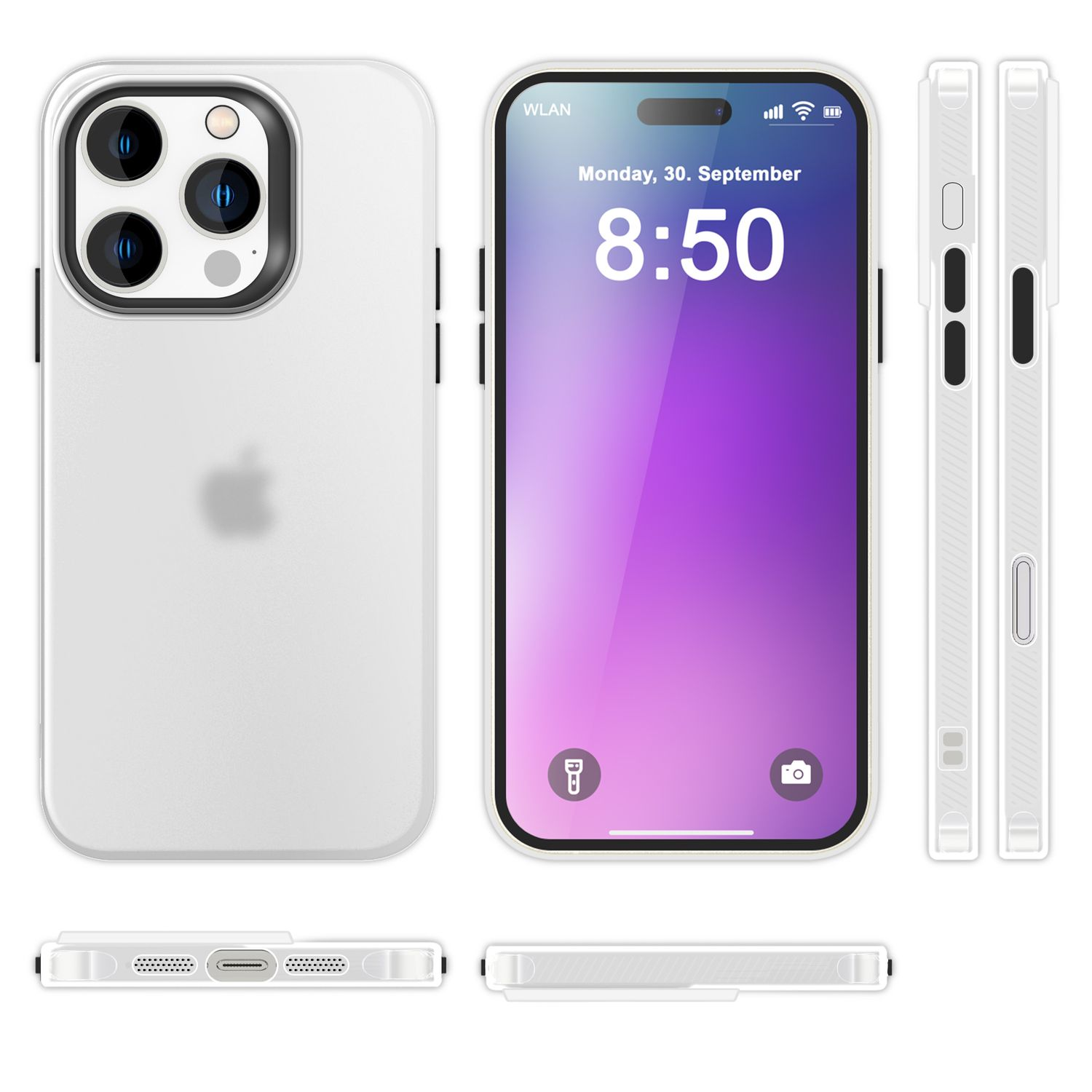 Weiße Handyhülle mit Handy, Datum und Uhrzeit. Mehrere Ansichten der Hülle werden gezeigt.