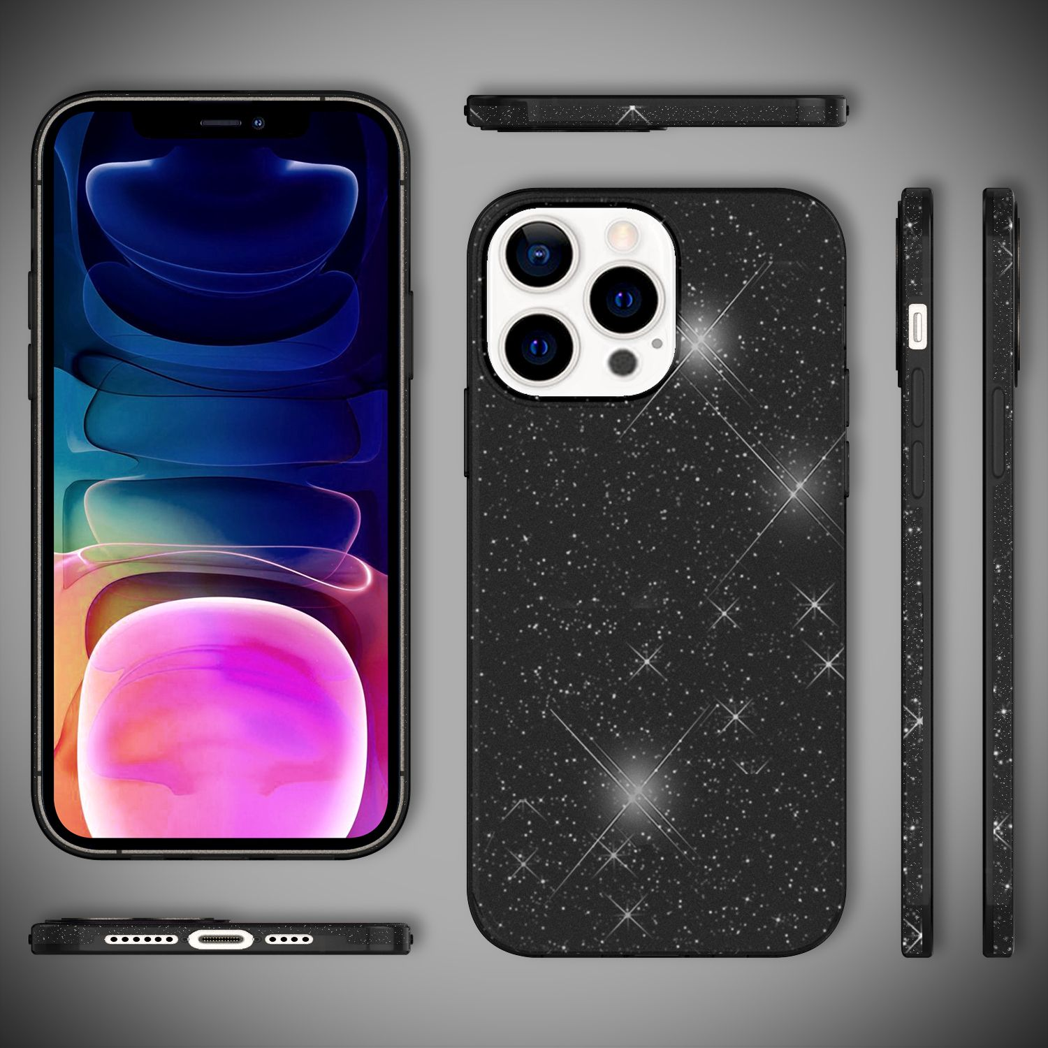 Un teléfono negro con una funda estrellada se muestra desde múltiples ángulos, mostrando la pantalla.