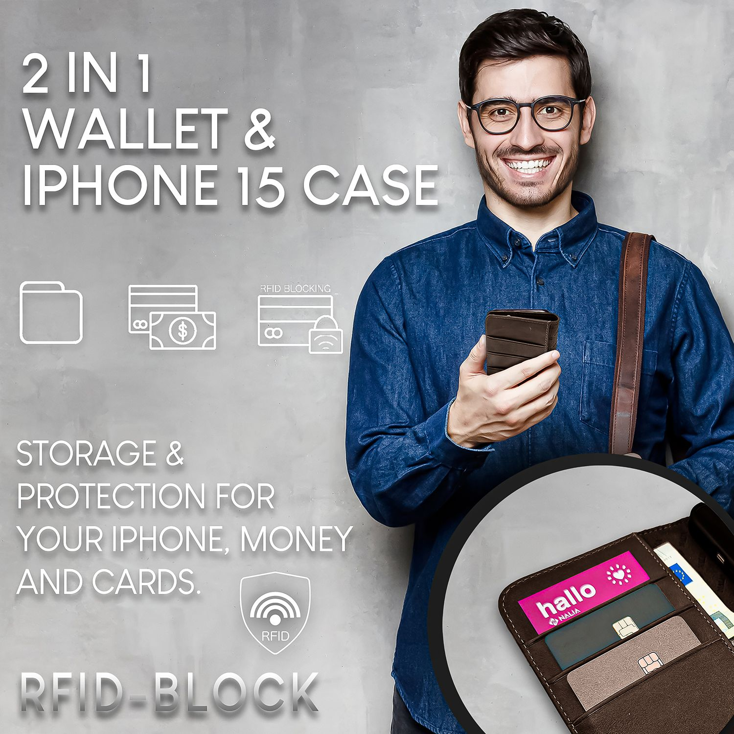 Ein Mann hält eine braune Brieftaschen-Handyhülle, mit Speicher-, Schutz- und RFID-Blockierungs-Symbolen.