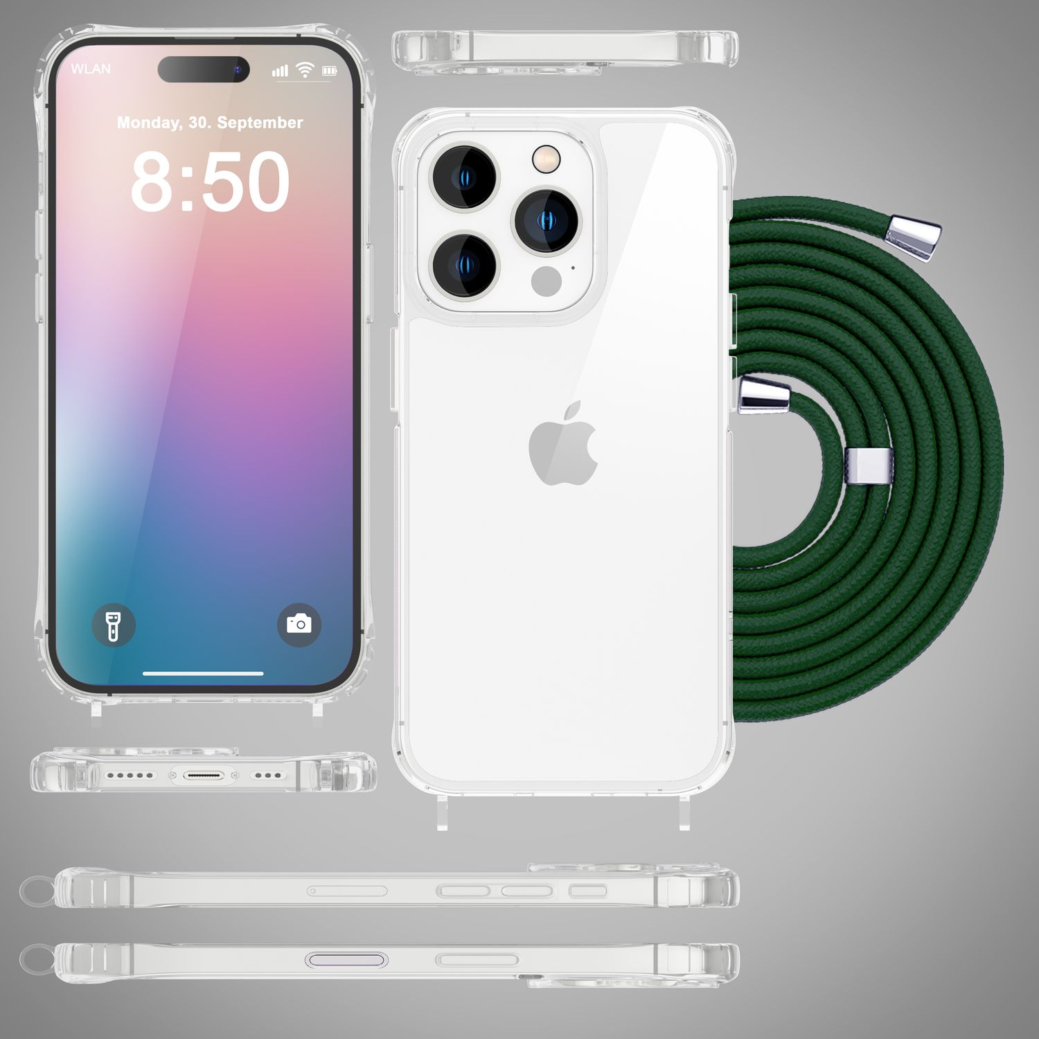 Telefono bianco con custodia e cinturino verde. Diverse viste con custodia.
