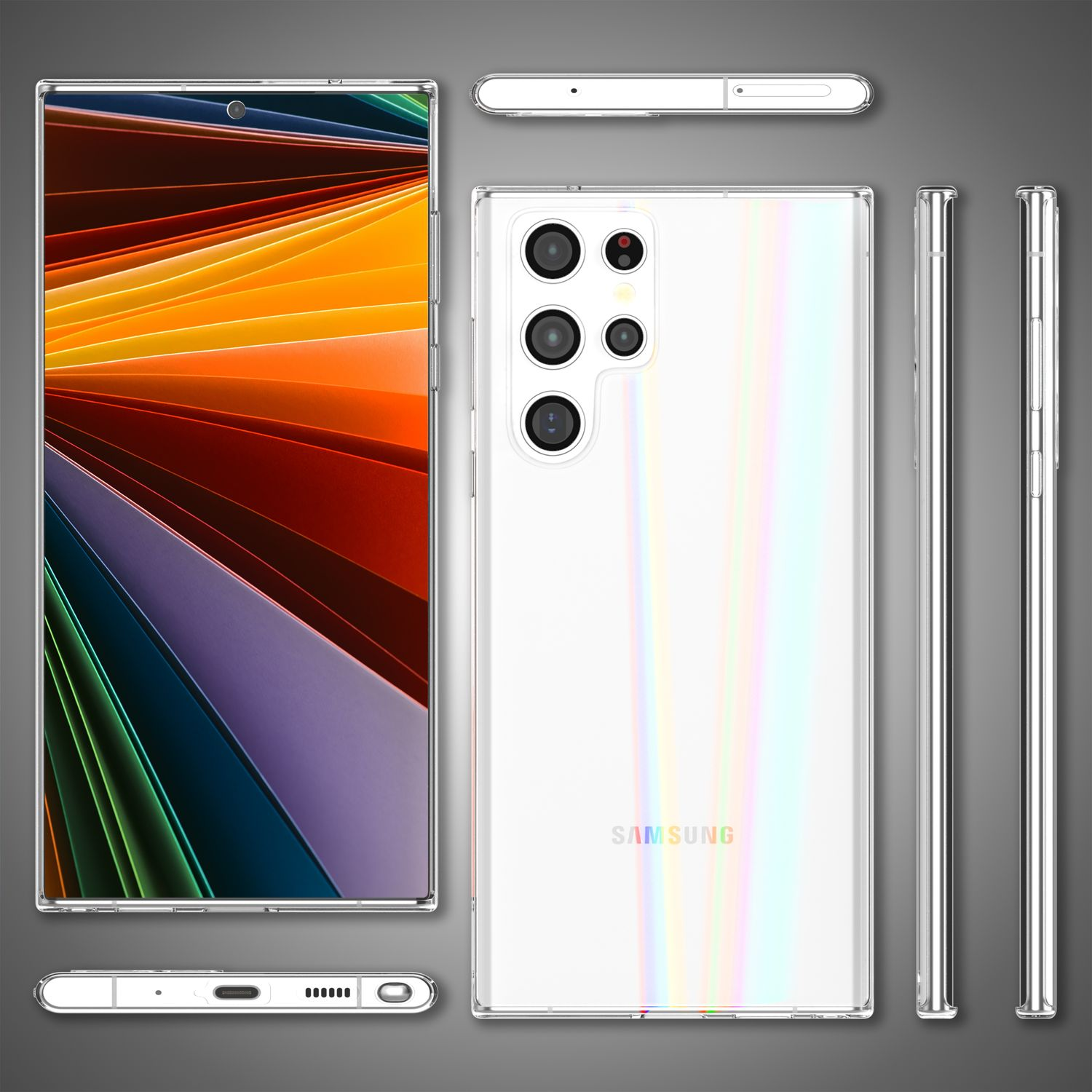 Weißes Samsung-Handy mit transparenter Hülle, aus verschiedenen Winkeln betrachtet. Der Bildschirm ist sichtbar.